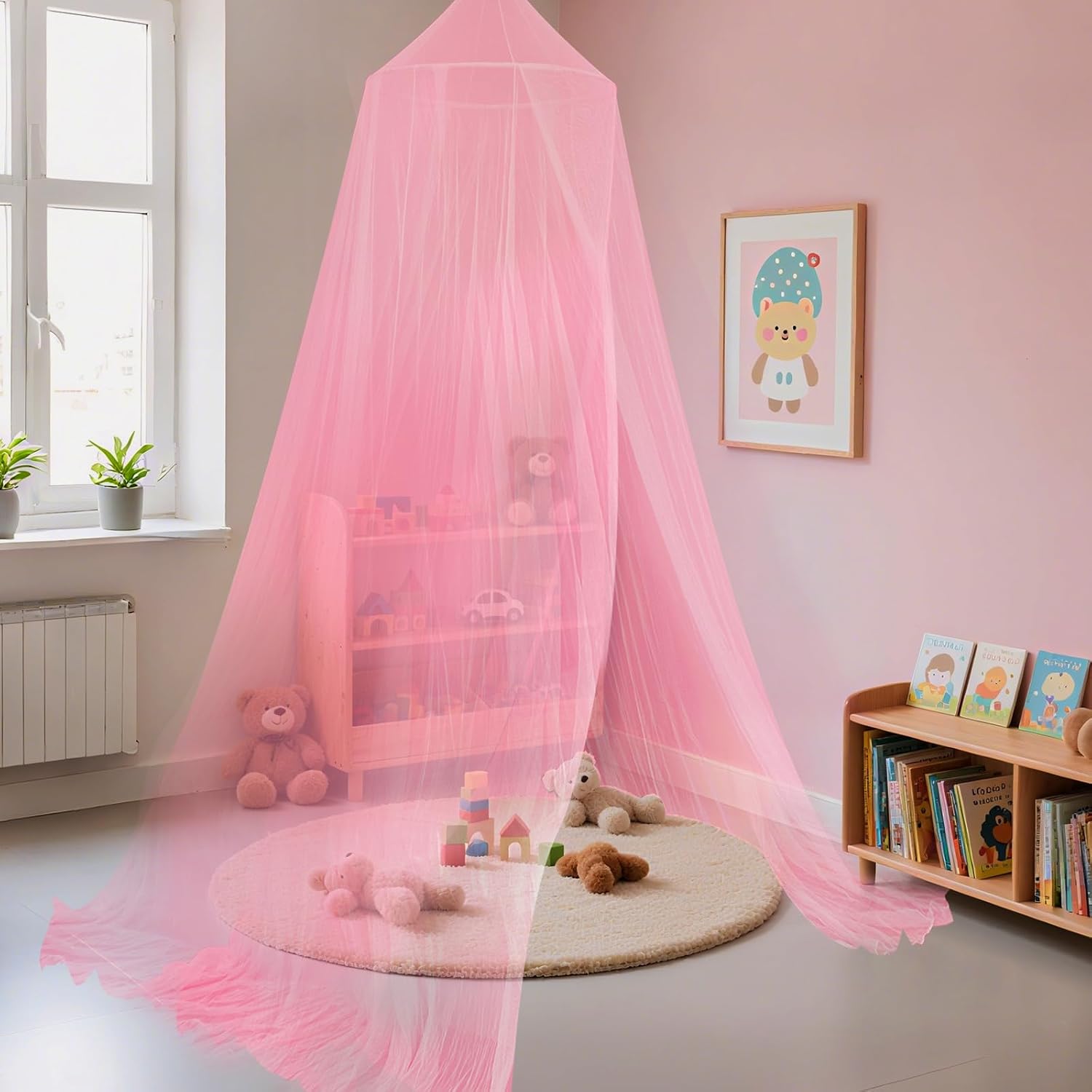 Pink Bed Canopy, Kids Princess Round Dome Bed Curtain, Dreamy Mosquito Netting for Girls, Ceiling Tent, Bedroom Accessories