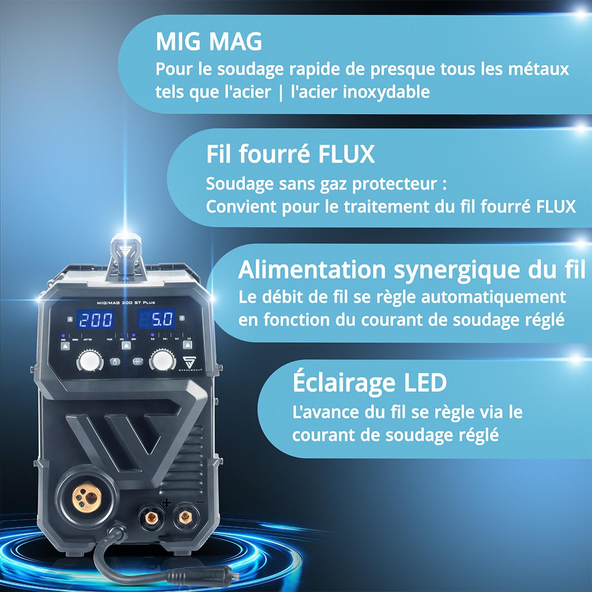 STAHLWERK Poste à souder MIG/MAG 200 ST – Inverter IGBT 200 A, poste sous gaz avec dévidage synergique, compatible FLUX (fil fourré), fonctionnel Lift-TIG & MMA (ARC)