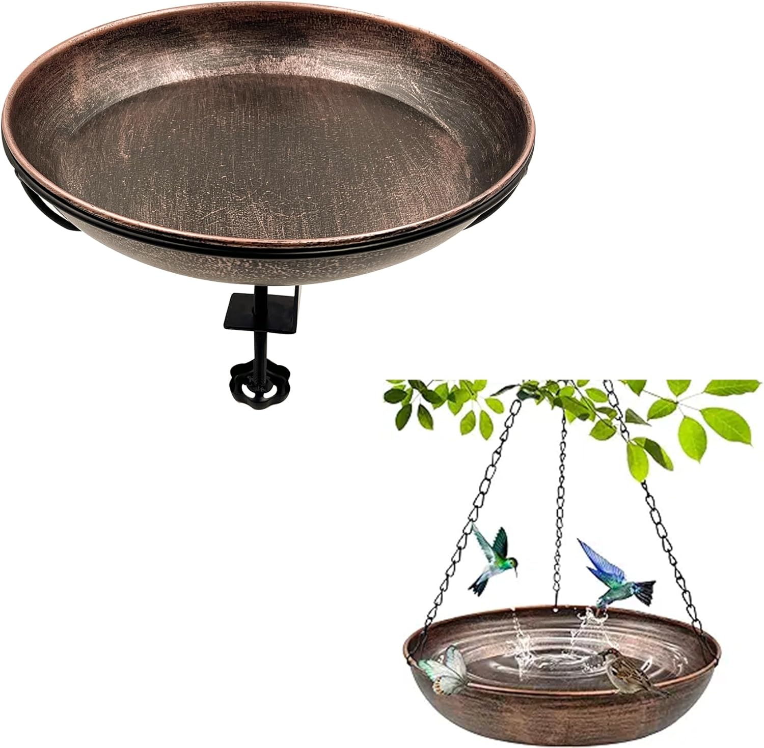 Deck Mounted Bird Bath+Hanging Bird Bath, Easy to Clean12 Detachable Bath Bowl, Metal Birdbath for Outside with Sturdy Adjustable Clamp for Railing Balcony Fence Outdoor Decor 0.7 Gallon