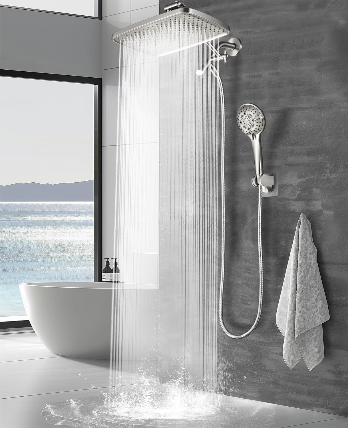 12 Inch Rain Shower Head - High Pressure Shower Head, Dual Shower Heads with 8 Modes Handheld Spray Combo - Upgrade Extension Arm Height Adjustable, Brushed Nickel