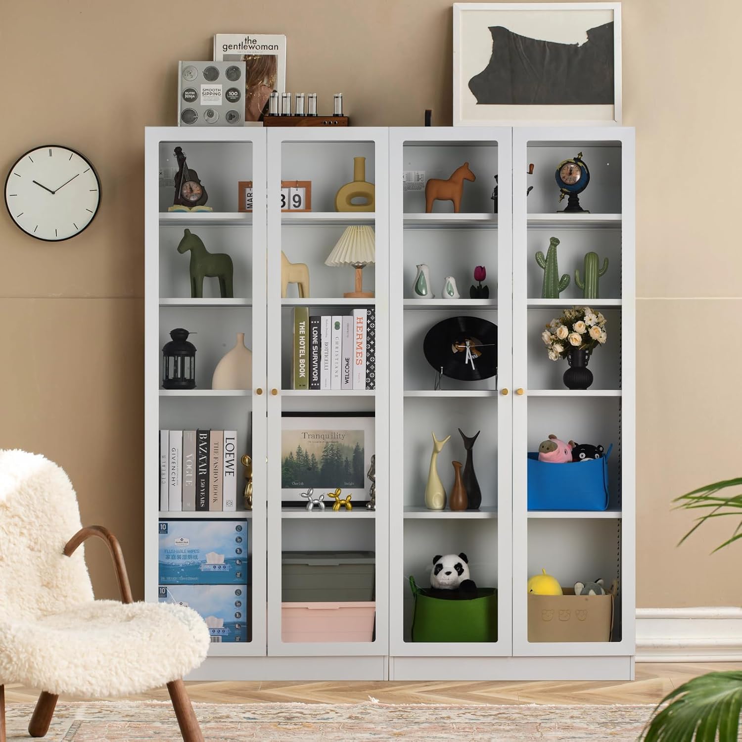 IRONMIX Modern Curio Cabinets, Display Cabinet with Glass Doors, Bookshelf with Storage, Metal Storage Cabinet with Adjustable Shelves, 70.87" H Display Case for Home,Office,Library,School