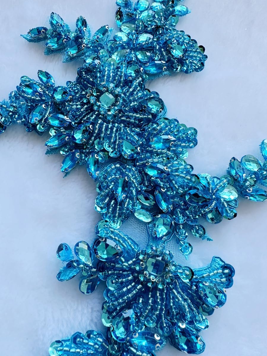Handmade Rhinestones lace Trim Patches handsewing Beads Applique for Dress One Pair DIY Accessories (Sky Blue)