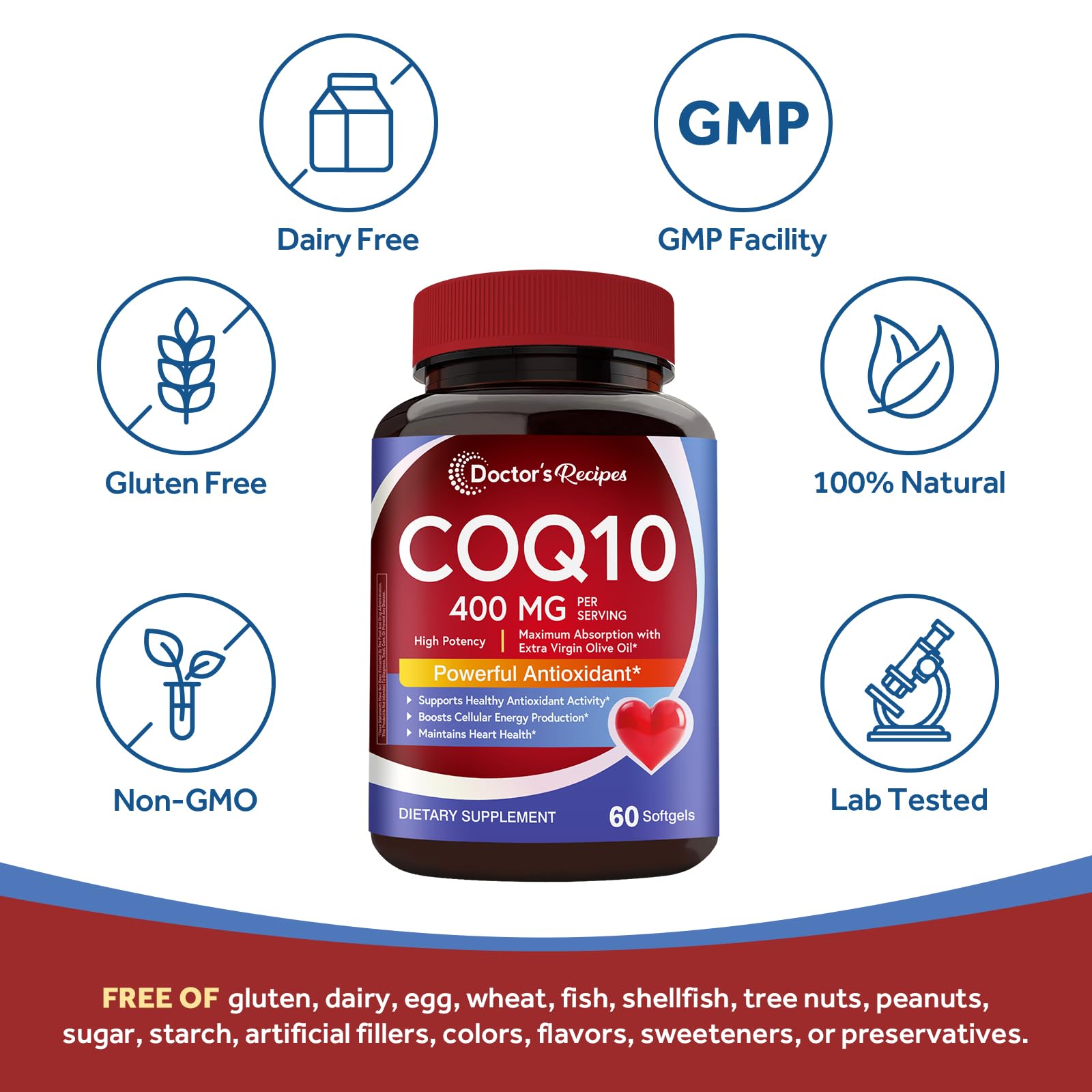 Doctor's Recipes CoQ10 400 mg High Potency, Stable Form Ubiquinone, Superior Absorption with Extra Virgin Olive Oil, Antioxidant for Heart & Energy, Naturally Fermented, Gluten-Free, 60 Softgels — Amazon image 5