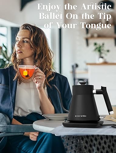 Miniatura 4 de ECORELAX Hervidor eléctrico de cuello de cisne, tetera para café y té, interior 100% de acero inoxidable con diseño a prueba de fugas, calentamiento