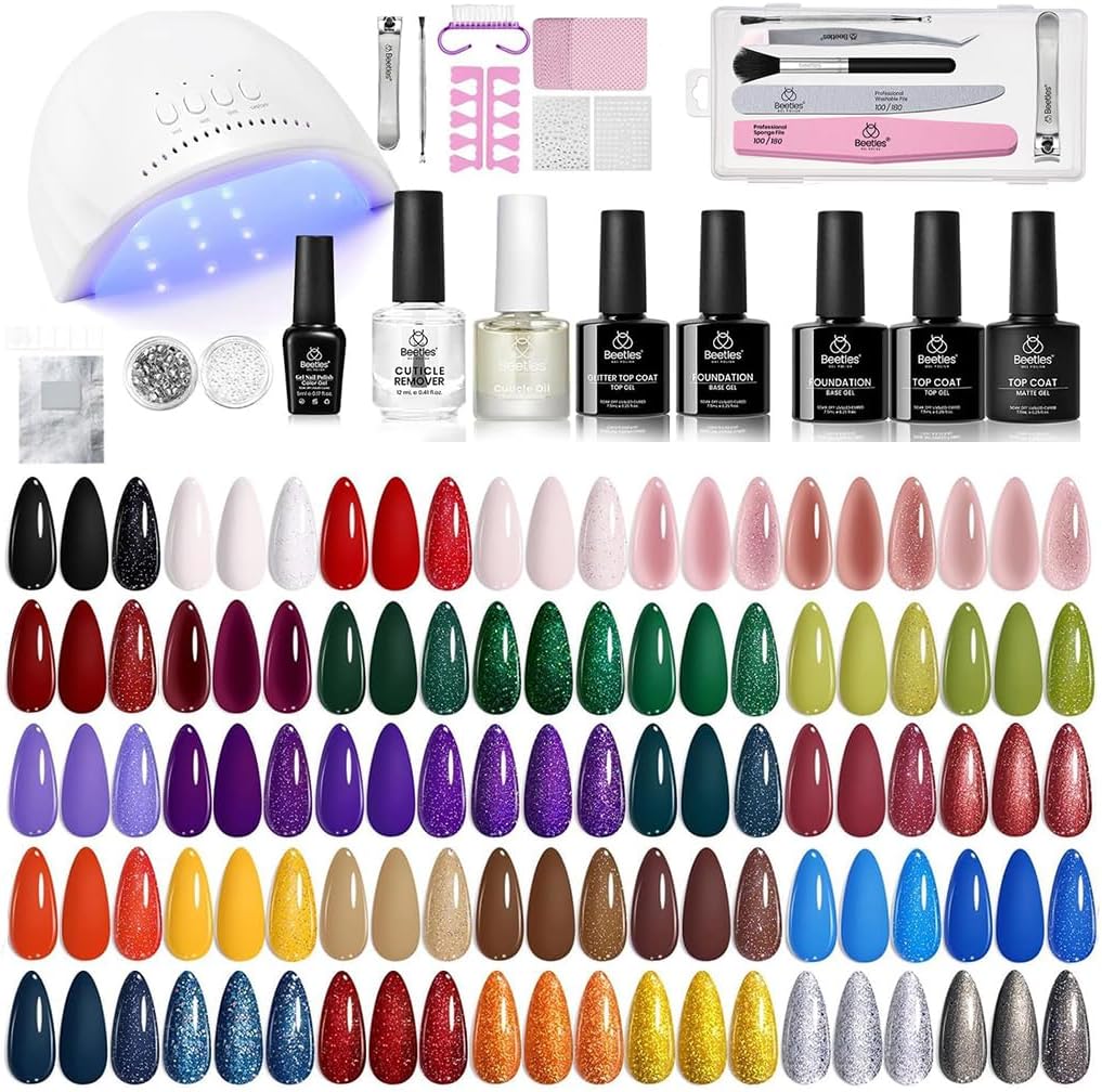 Beetles Gel Nail Polish Kit with U V Light -54 Pcs Gel Nail Kit Four Seasons Glow 32 Colors Set with Base Matte & Glossy Top Coat Soak Off Home Salon Nails DIY Manicure Gifts for Women