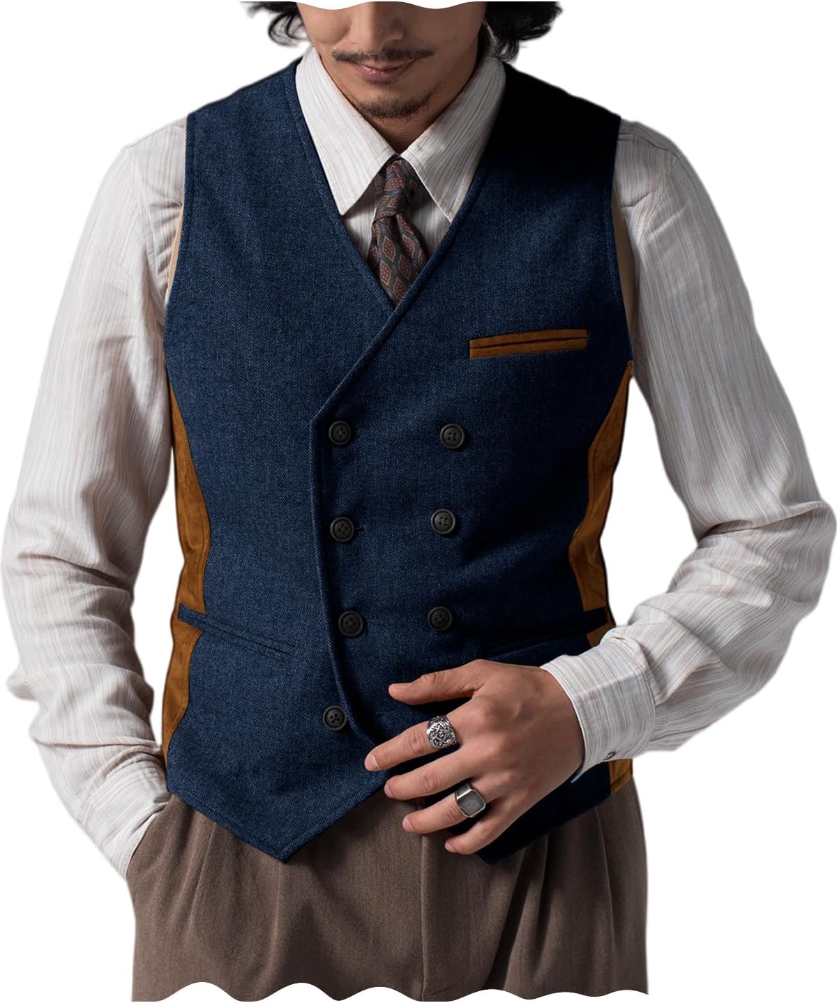 Men's Suit Vest Tweed Herringbone Patches Suede Waistcoat Western Sleeveless Jacket with Pockets Formal Casual