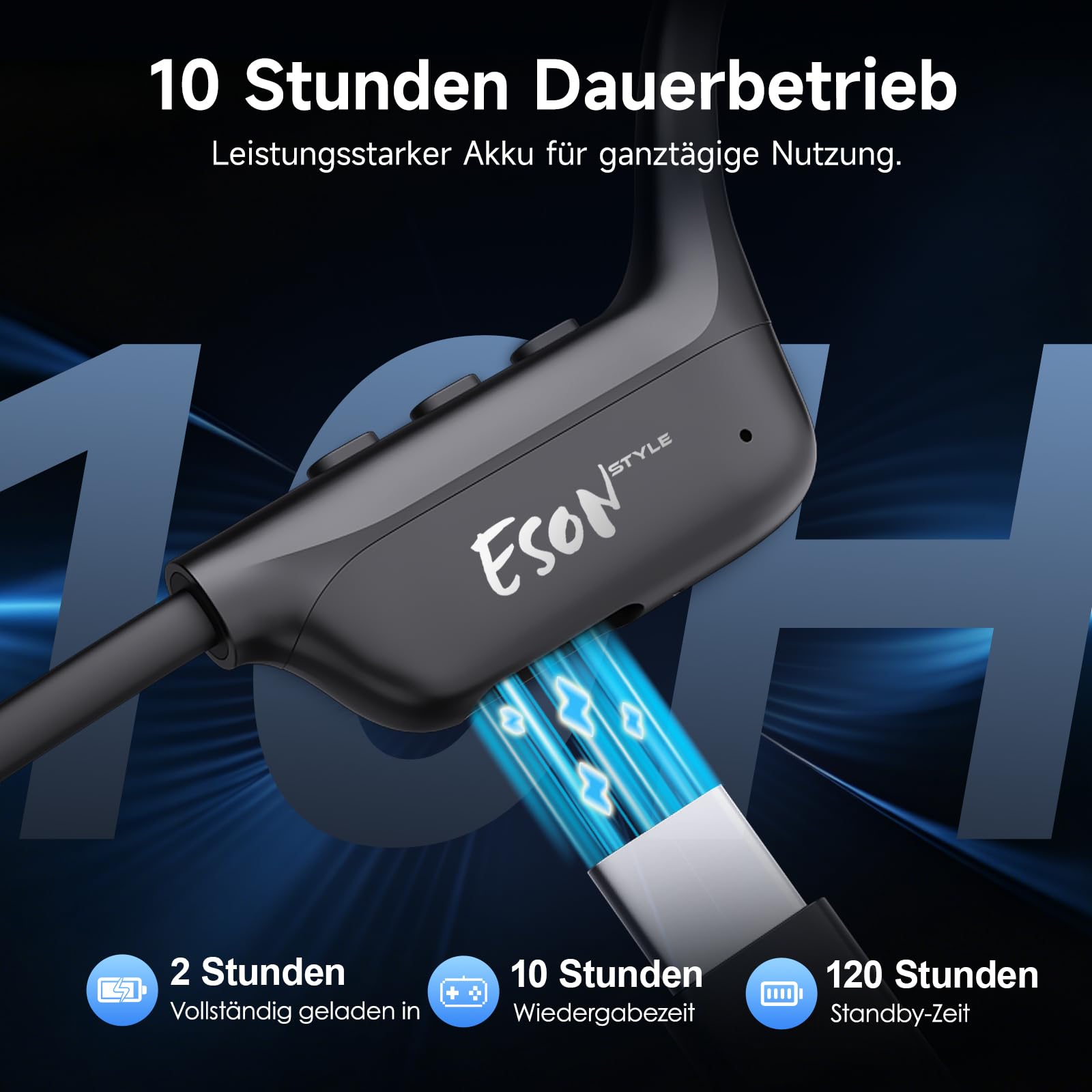 esonstyle Knochenschall Kopfhörer Bluetooth 6.0 - IPX7 wasserdichte Bone Conduction Headphones mit Mikrofon, 10H Akkulaufzeit, Open Ear Kopfhörer Kabellos für Fitness Radfahren Läufer (Schwarz)