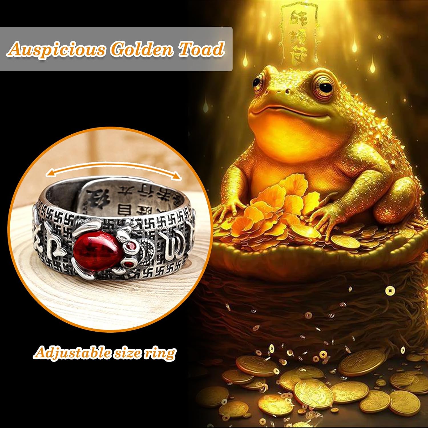 Feng Shui Ring, Golden Toad Ring, S925 Sterling Silver Engraved Relief Six-word Mantra Rings Protection Heart Sutra Amulet Wealth Lucky Love Jewelry, Adjustable Rings for Men Women