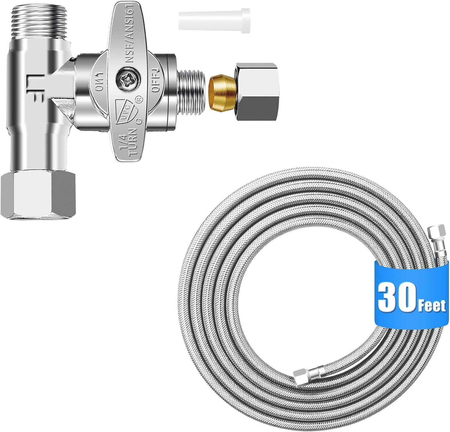 Fridge Water Line Kit - 30FT Premium Stainless Steel Braided Refrigerator Water Line with Tee Stop Valve,Foodgrade PEX Inner Tube Ice Maker Water Line with 1/4" Fittings for Refrigerator Ice Maker