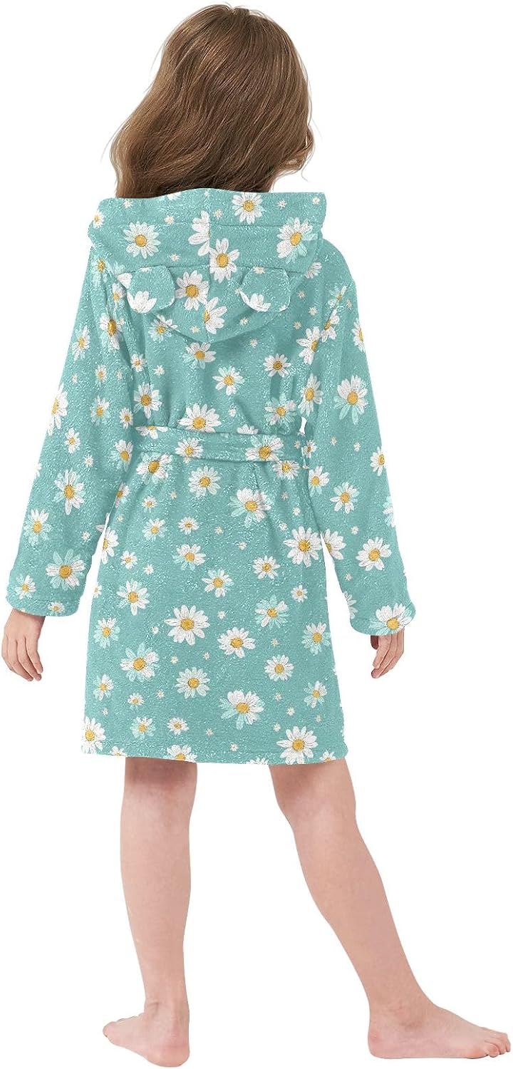 Small White Daisies Toddler Hooded Bathrobe for Boys Girls Soft Plush Bath Towel Robe 2-12 Years