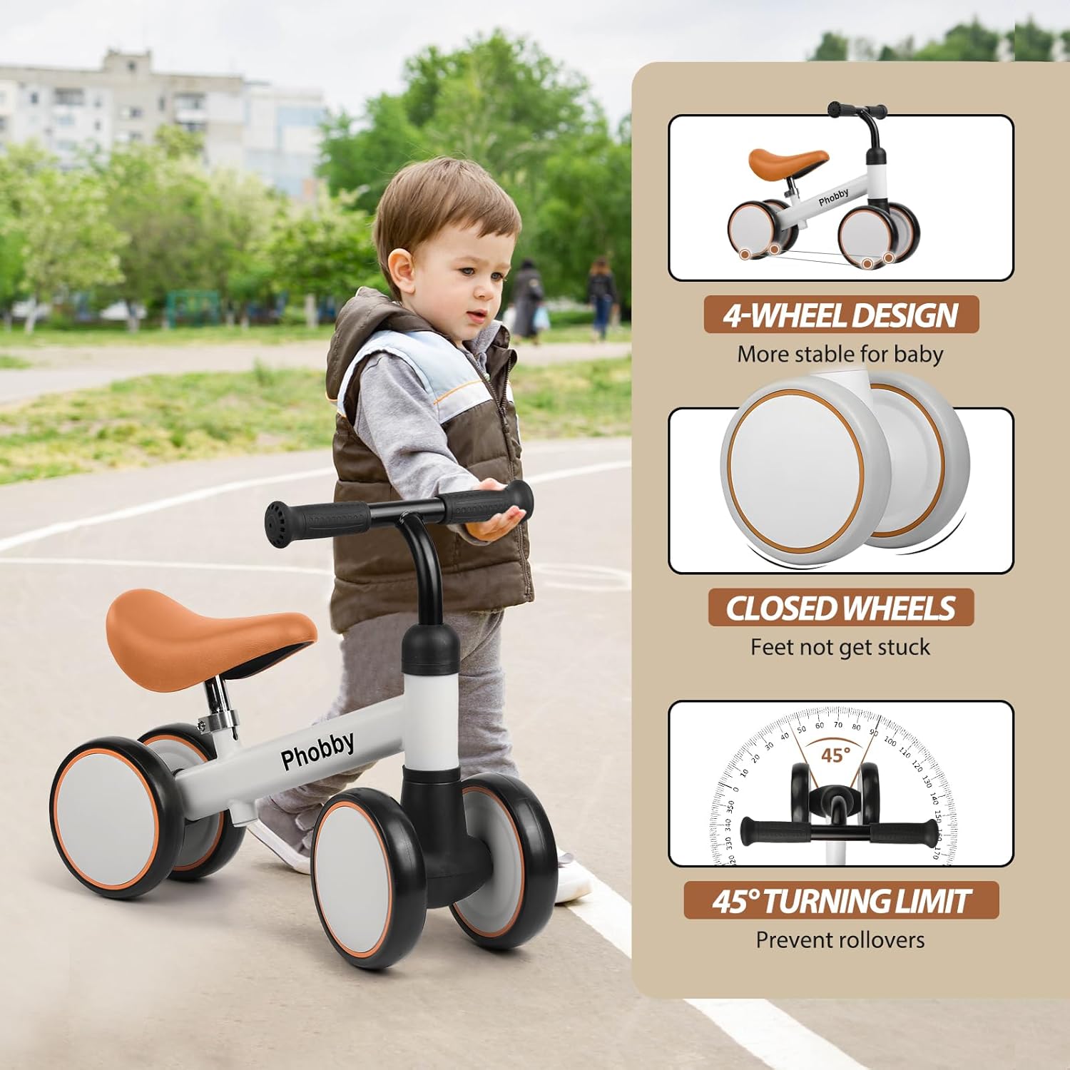 Phobby Baby Balance Bike for 1 2 Years Old Boys Girls, 4 Wheels Toddler Bike with Adjustable Seat, 12-24 Months Kids First Birthday Toy Gift