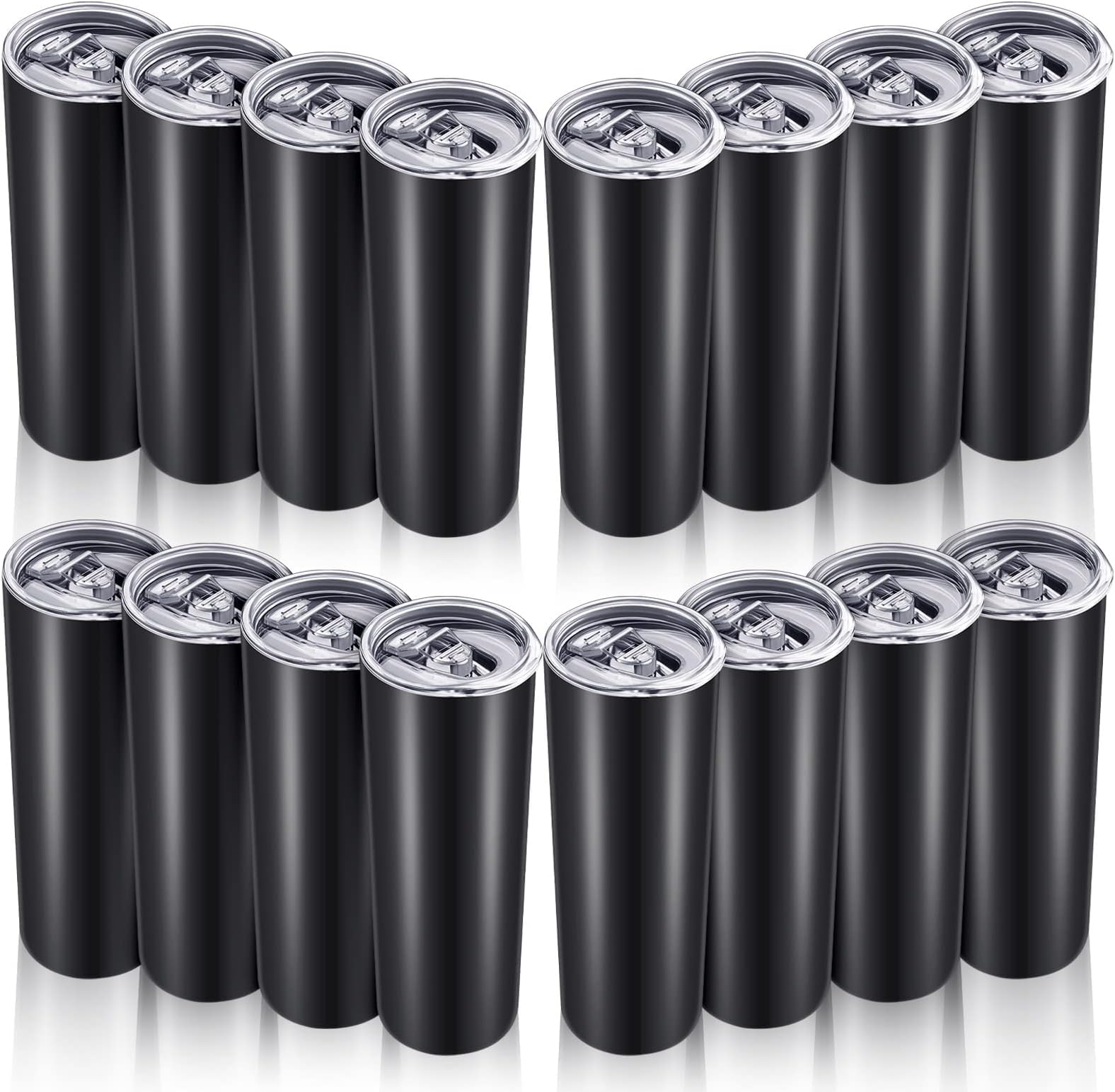 16 Pack 20 oz Stainless Steel Skinny Tumbler Water Tumbler Cup Insulated Stainless Steel Cups with Lid Double Layer Travel Coffee Mug Reusable for Hot Cold Drink Home Office Car Use(Black)