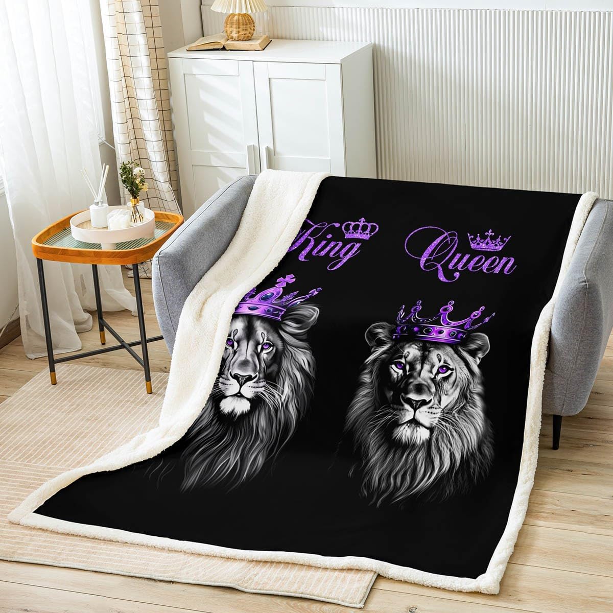 Wild Lion Couple Flannel Blanket,Shiny King and Queen Purple Crown Fuzzy Blanket for Children Present,Western African Animal Modern Black Polyester Throw Blanket for Couch, Twin Size (60 x 80 Inch)