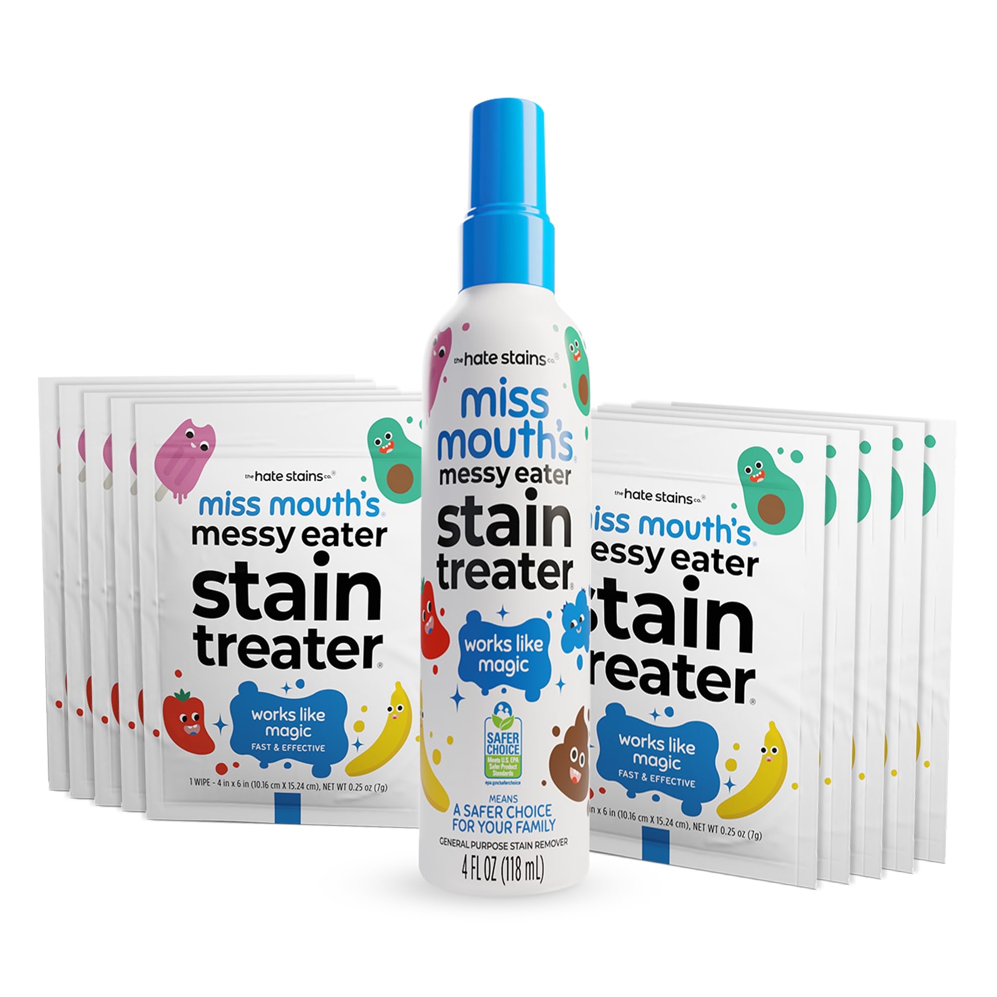 Miss Mouth’s Messy Eater Non-Toxic Baby and Kids Stain Remover for Clothing, Carpet, Fabric, and Upholstery. Kid Tested and Mom Approved (120ml, 4 oz Spray Bottle & 10 Wipes)