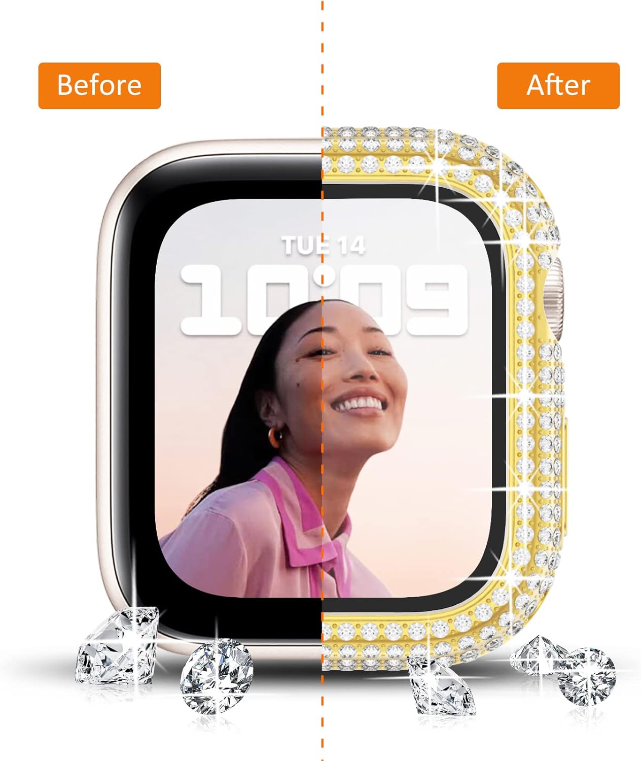 Surace Compatible with Apple Watch Case 40mm, 300 Diamonds with Screen Protector for Apple Watch Series 6/5/4/3/2/1, Bling Case Tempered Glass Protective Cover for 38mm 40mm 42mm 44mm, Gold - Image 6