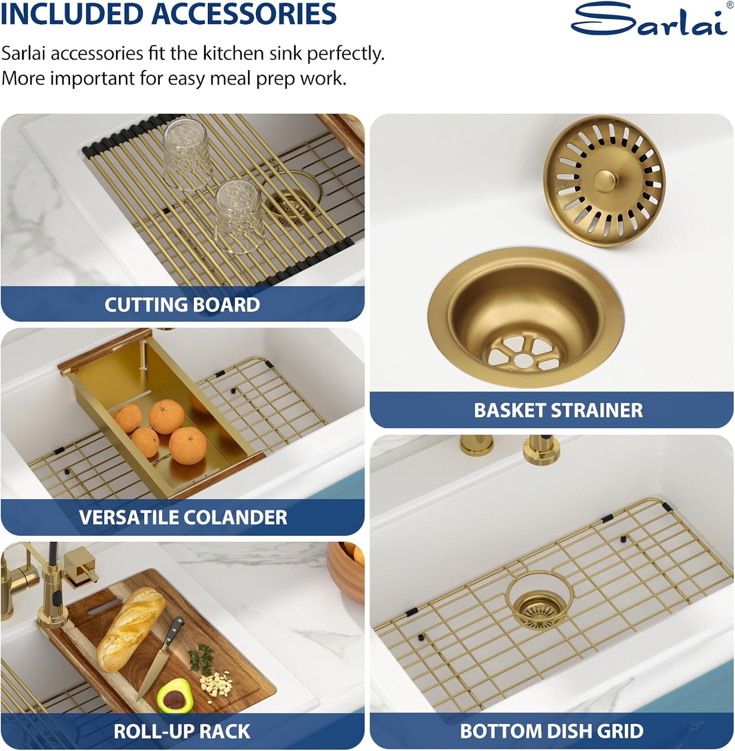 Sarlai 30 Granite Composite Kitchen Sink - 30"x22" Drop In Kitchen Sink Ledge Workstation White Granite Quartz Composite Top-Mount Single Bowl Sinks Basin with Gold Accessories