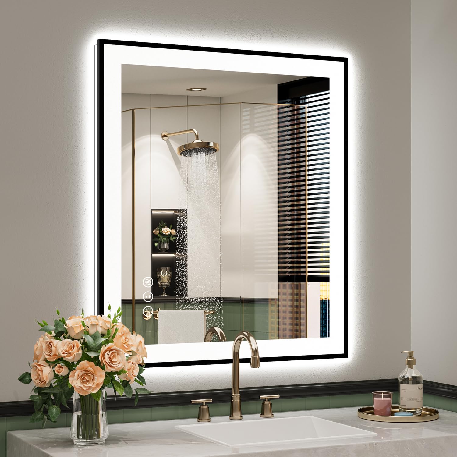 28x32 LED Bathroom Mirror with Lights, Black Framed Lighted Mirror