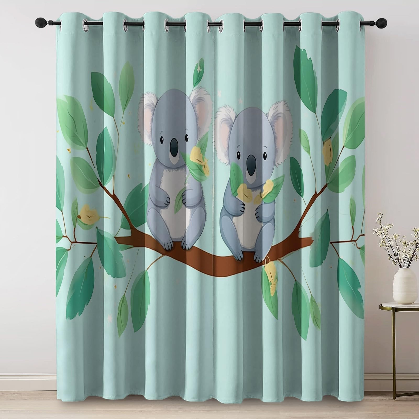 100% Zasłony Zaciemniające H 175 X B 140 Cm (2 szt.), Kreskówka Koala Eukaliptusowe Gałęzie Nieprzezroczyste Termiczne z Oczkami, Izolatory Światła, Zimno i Ciepło do Sypialni, Salonu, Jadalni