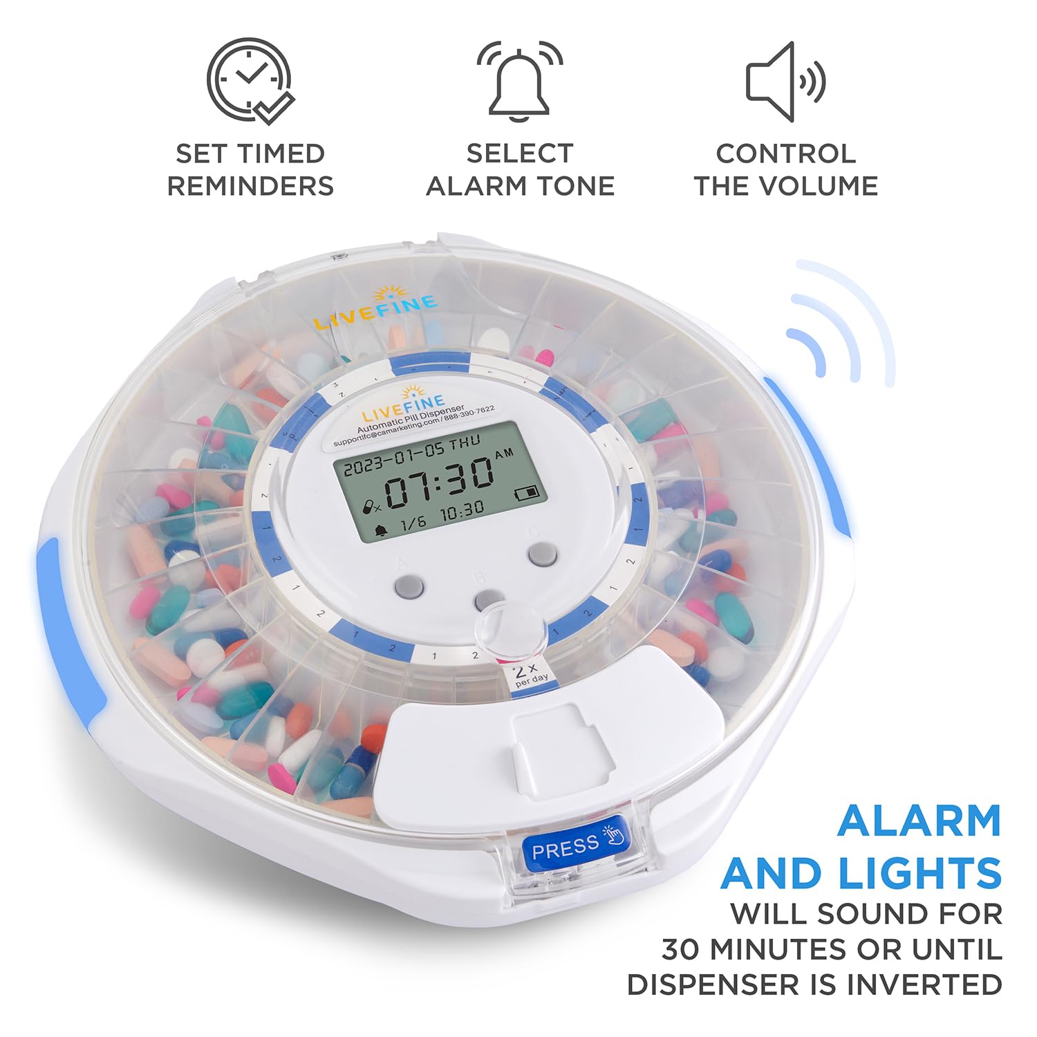 LiveFine Pilulier automatique avec organiseur électronique de médicaments de 28 jours, 6 anneaux de dosage, écran LCD avec alertes sonores et lumineuses, clé et loupe pour prescriptions, vitamines et