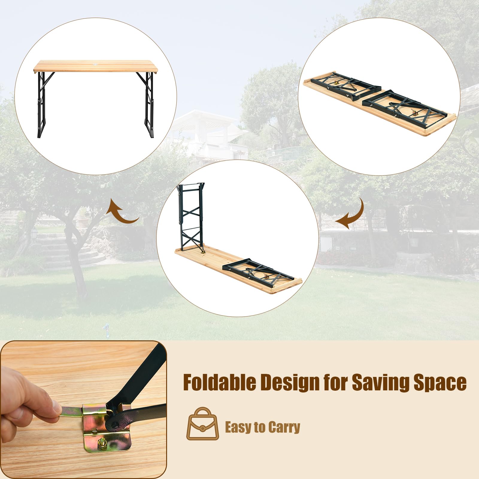 KOMFOTTEU Table à Bière d'Extérieur, réglable en Hauteur (75 cm-105 cm), Table Bar de Jardin Pliante, Table de Pique-Nique avec Trou de Parasol, 168,5 x 50 cm (L x l), narurel & Noir
