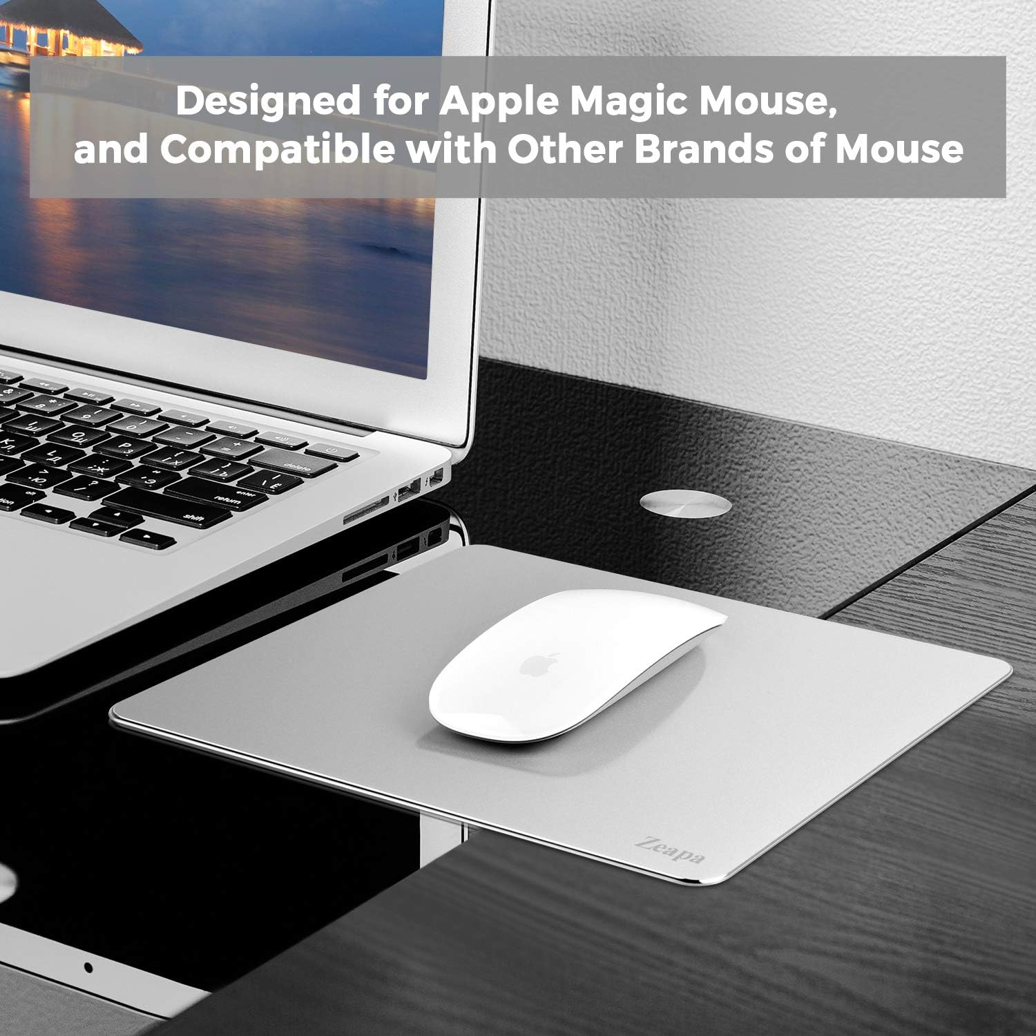 Aluminum Metal Mouse Pad for Apple Magic Mouse 1&2, 2-Pack, 2-Layer Coating, Whole Rubber Bottom, Silver, Hard, Smooth, Non-Slip, Thin, Fast Response, Clean Easily, 8.7x7.1in