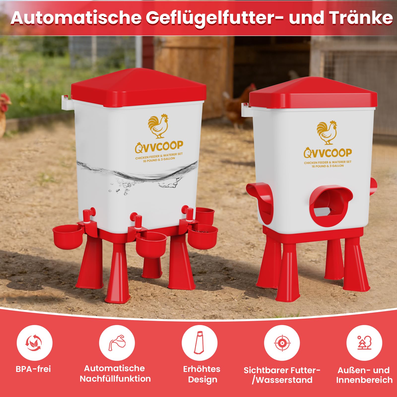 Futterautomat Hühner und Hühnertränke 11 Liter, Wassertränke Hühner mit 5 Bechern und 3 Futteröffnungen, Keine Verschwendung, Geflügeltränke, Hühnerzubehör für Hennen/Enten/Geflügel/Vögel, Rot