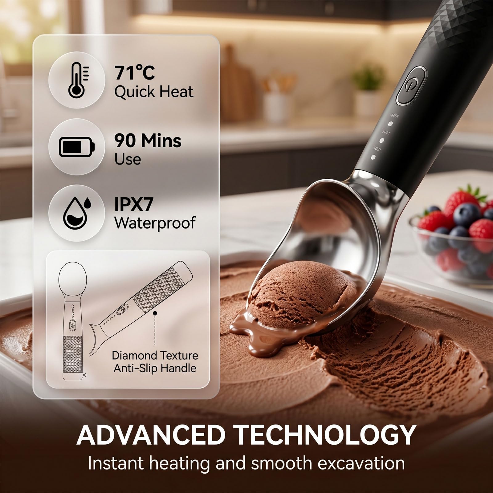 cuillère à Glace chauffante, portionneur de crème glacée en Acier Inoxydable, Moule à Boules de Glace, cuillère portionneur, cuillère à Glace, Rechargeable Type-C avec 3 Niveaux