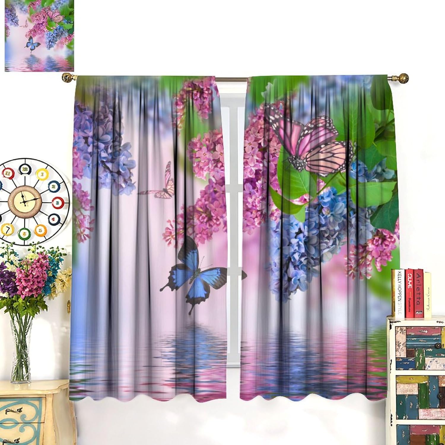 Butterfly Blackout Curtains Spring Pink Blue Flowers Colorful Butterfly Nature Scenery Girls Women Bedroom Living Room Kitchen Rod Pocket Decoration Window Drapes 2 Panels W21xL54in
