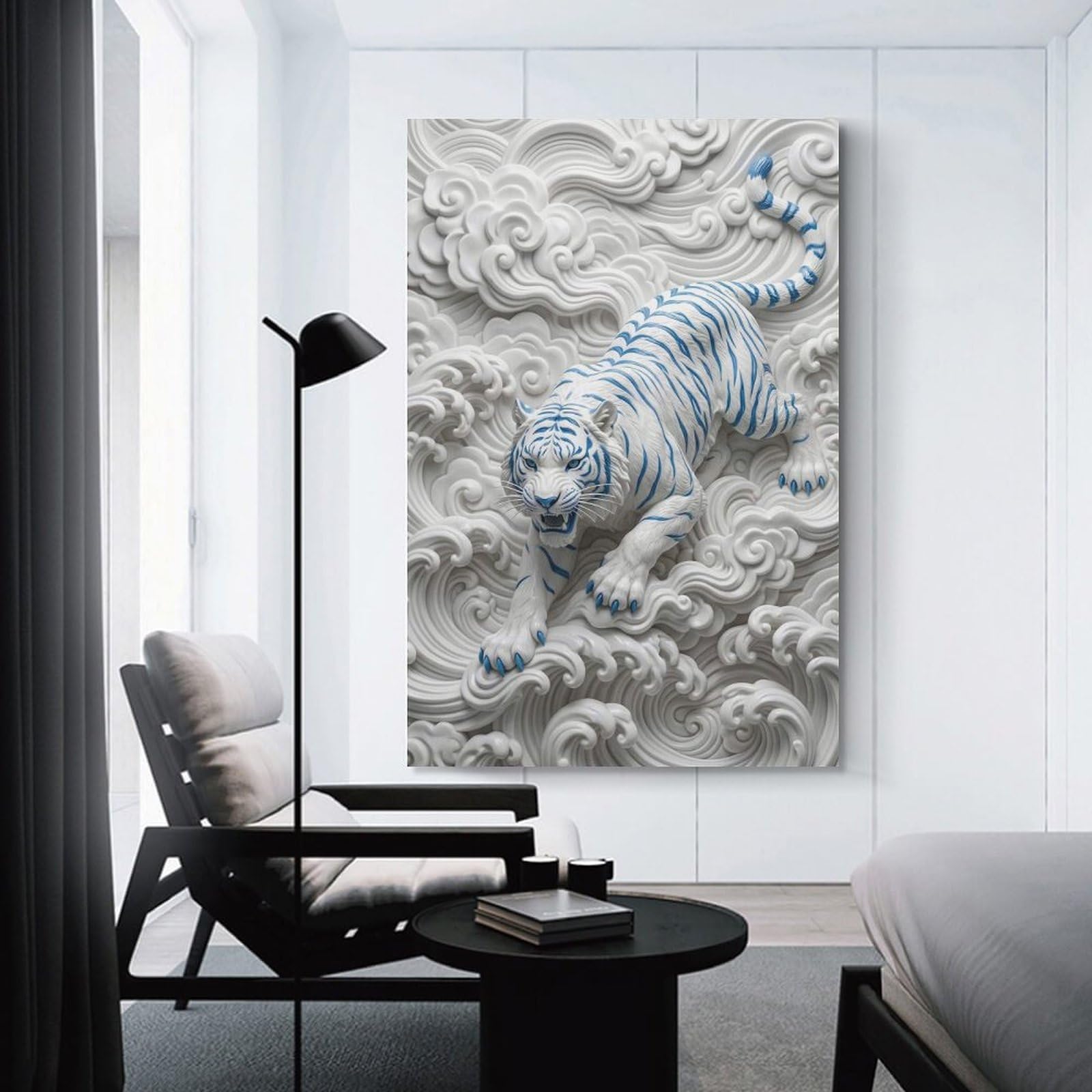 Junmoney White Tiger with Blue Stripes on Waves Hanging Wall Art 20x30inch(50x75cm), for Study, Office Or Focused Interiors, Wall Art That Adds Style to Work Areas