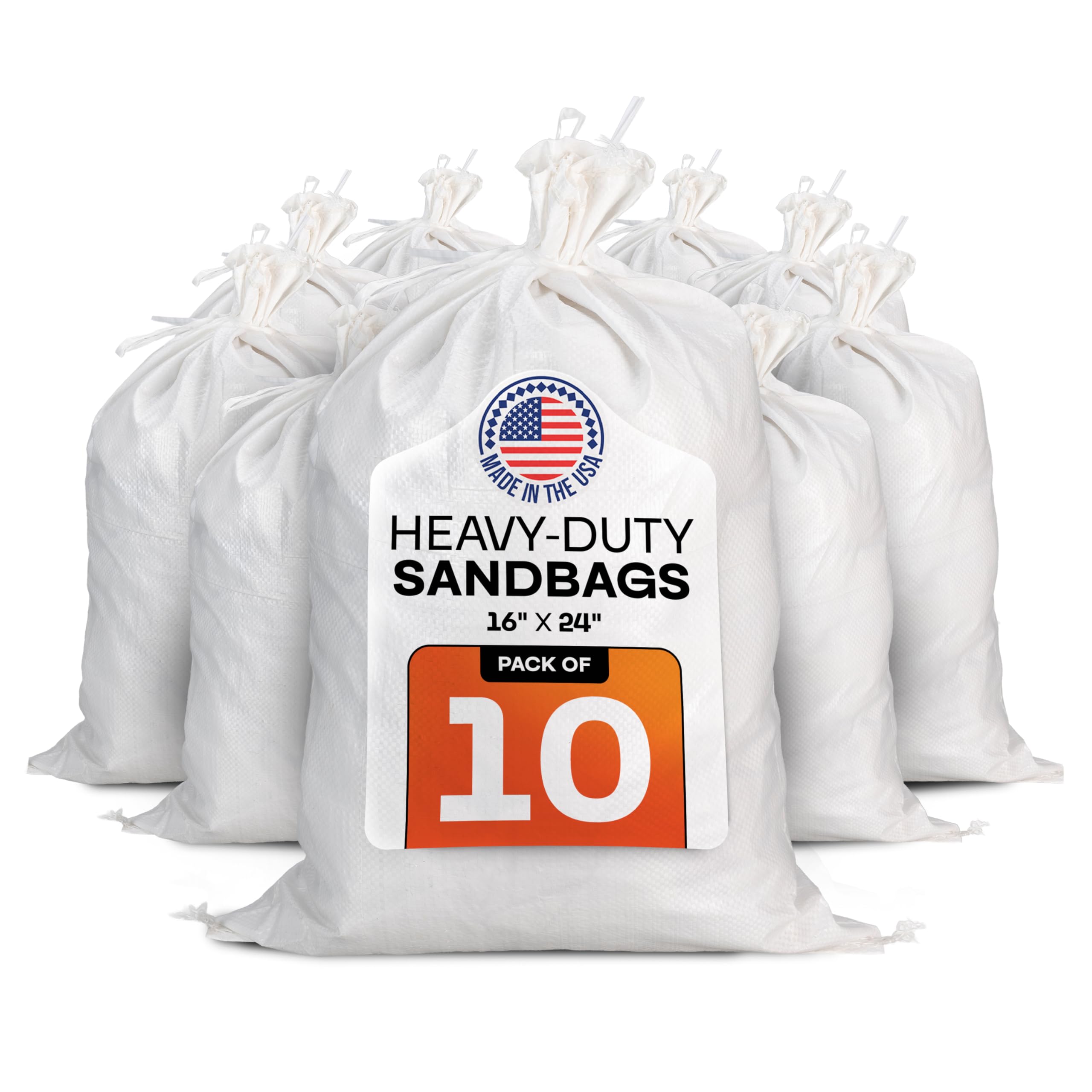 White Sand Bags 16"x24", 10-Pack - USA-Made Havy-Duty Sand Bags for Flood Protection, Construction & Erosion Control with 50 lbs Capacity - Empty & Reusable Woven Polypropylene Sacks by IDL Packaging