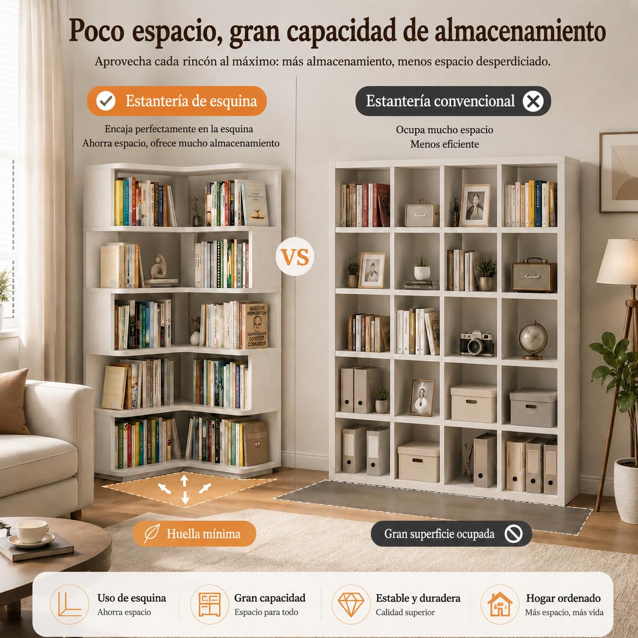 Homieasy Estantería Esquina de 5 Niveles para Libros, Blanco | 60x60x162cm, Forma L, Independiente con Sujetalibros, Salón y Oficina, Ahorro Espacio, Madera MDF