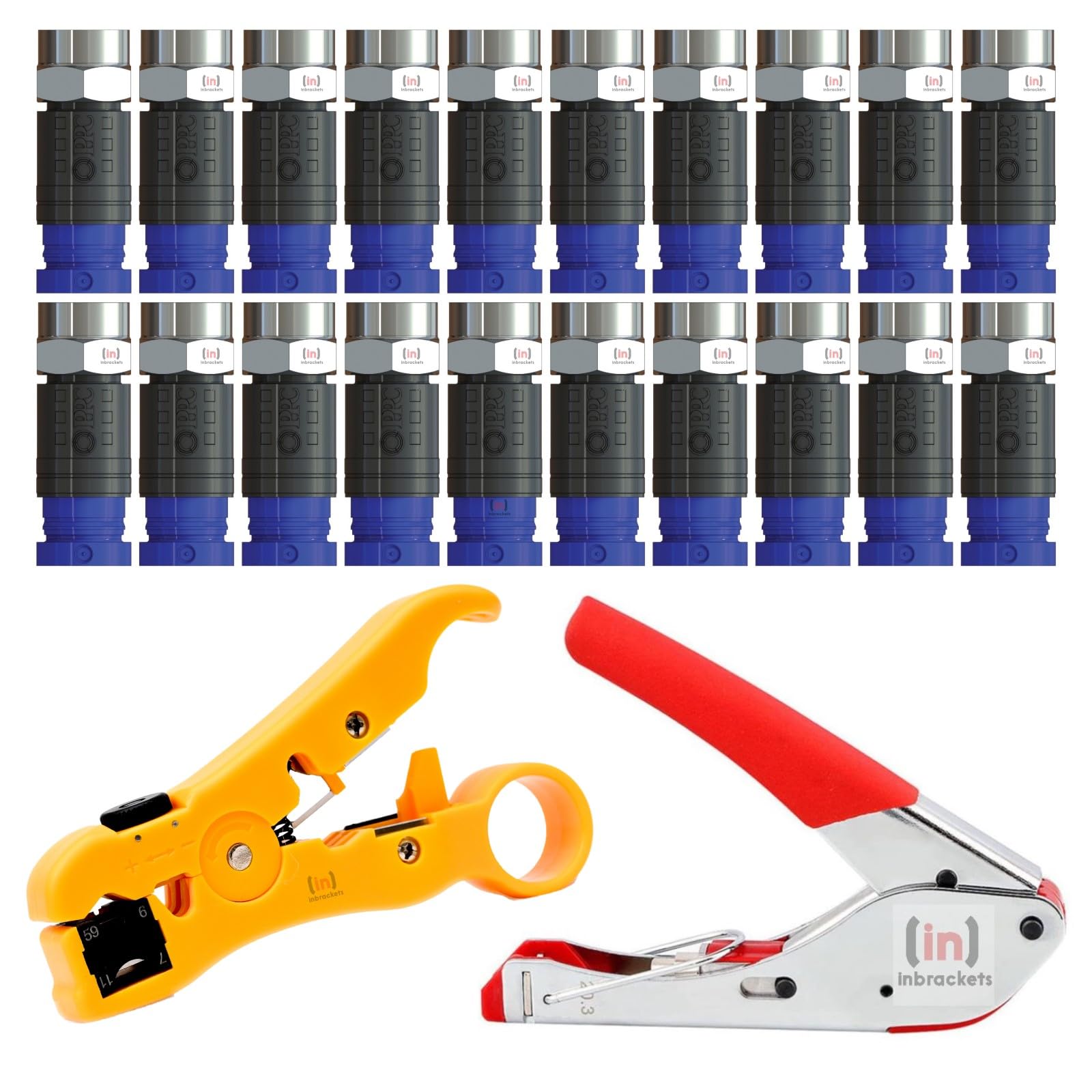 Inbrackets Black Professional Coaxial Cable Tool Kit With Compression Tool, Coax Cable Stripper, Crimper And 20 F Connectors For Rg6, Rg59, Wf100, Ct100 Coax Cable