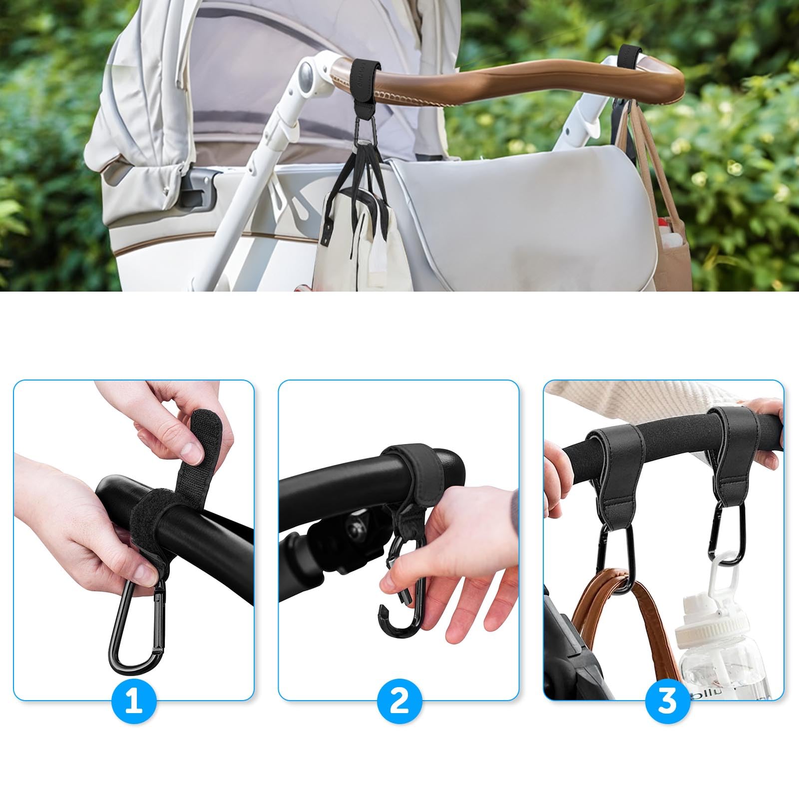 Bdwing Ganci per Passeggino Porta Borse in Pelle, 2 Pezzi Universali Accessori Passeggino per Appendere Borse, Zaini e Borsa della Spesa, Antiscivolo, Cuciture Forti (Nero)