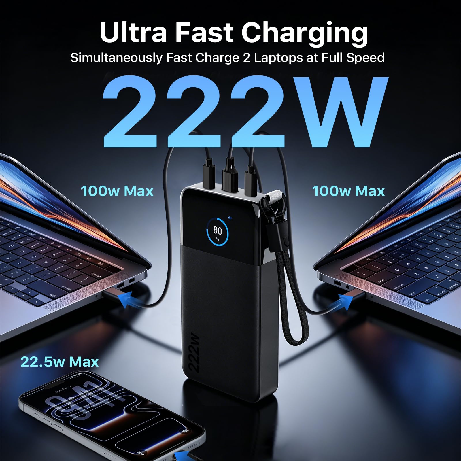 NOBIS Power Bank 222W 25000mAh, przenośna ładowarka z wyświetlaczem cyfrowym, 2 USB-C i 1 USB-A z wbudowaną linką, kompatybilna z laptopem, tabletem, telefonem 17, S25 i słuchawkami