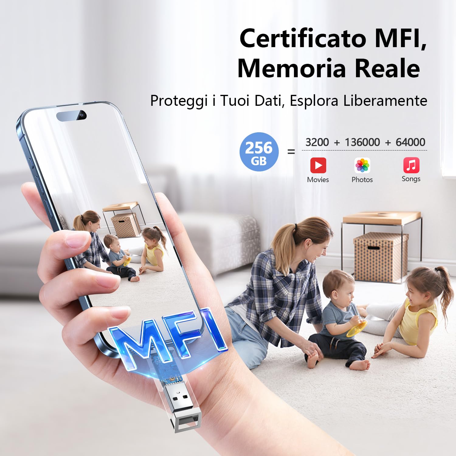 MFI Pendrive 256GB para iPhone,Memoria USB 3.0,Lightning,USB C | 3 en 1 Memoria Externa para iPhone,iPad,Movil Android OTG,Mac,PC,Flash Drive Transfiere Fotos,Vídeos y Datos,Capacidad Real