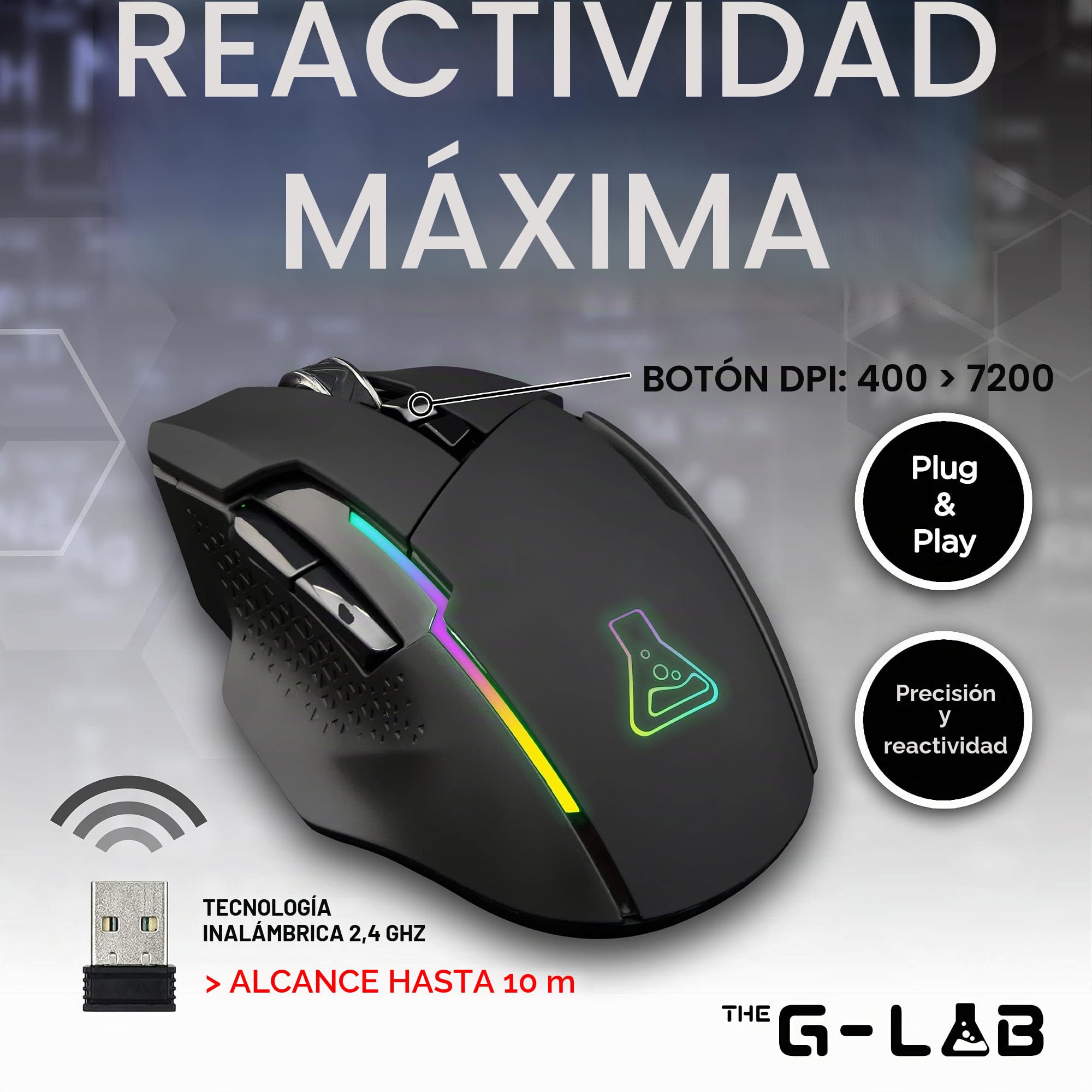 The G-Lab Kult Caesium - Ratón inalámbrico para Gaming inalámbrico 7200 PPP, LED RGB, 6 Botones, ratón para Juegos ergonómicos, Compatible con Pc Ps4 Ps5 Xbox One