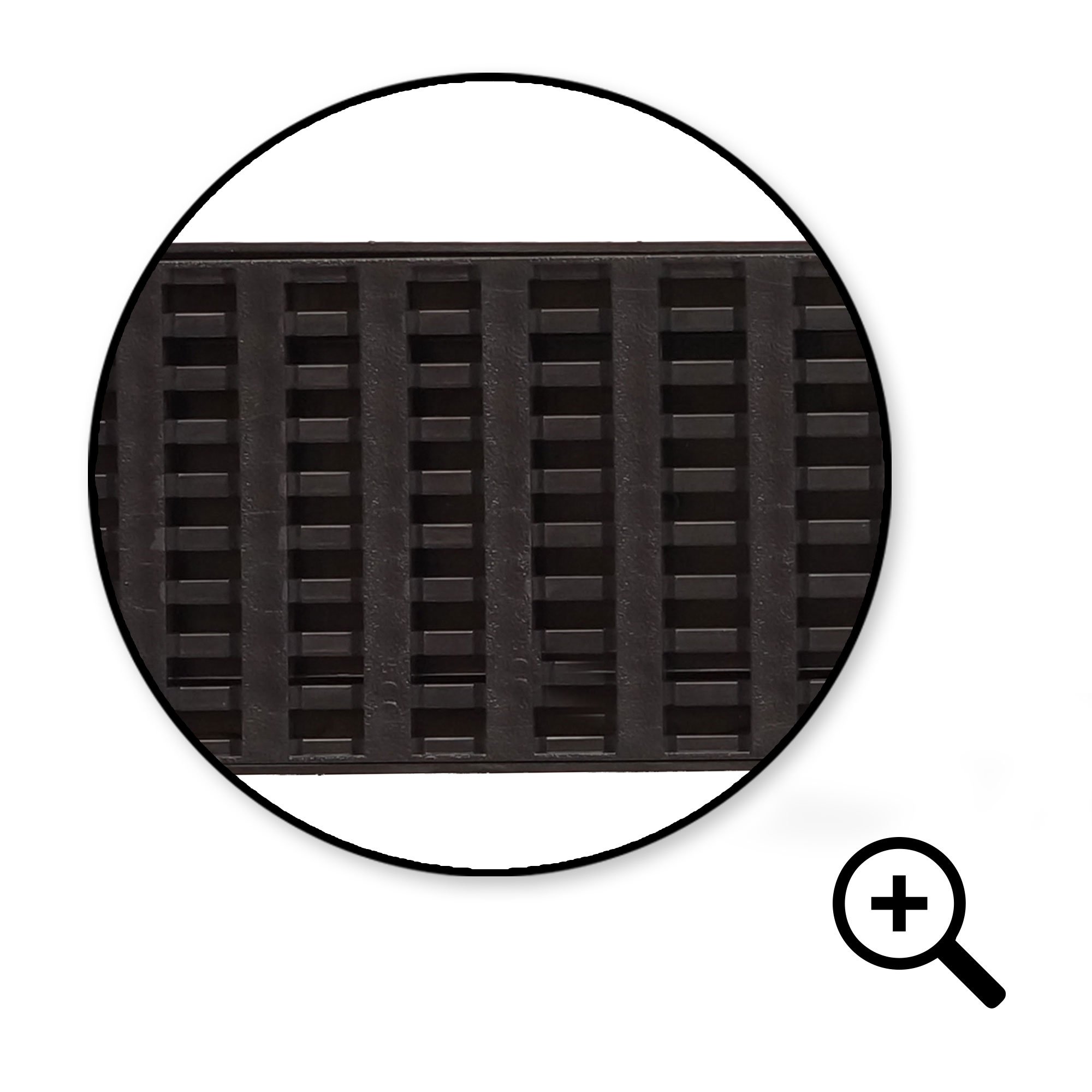 5m Entwässerungsrinne Belastungsklasse B125, 98mm komplett SET Stegrost Kunststoff (schwarz)