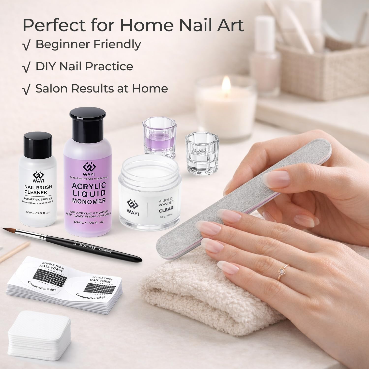 WAYI Acrylic Nail Kit for Beginners – All-in-One Starter Set for Nail Extensions with Monomer, Clear Powder, Kolinsky Brush & Nail Forms
