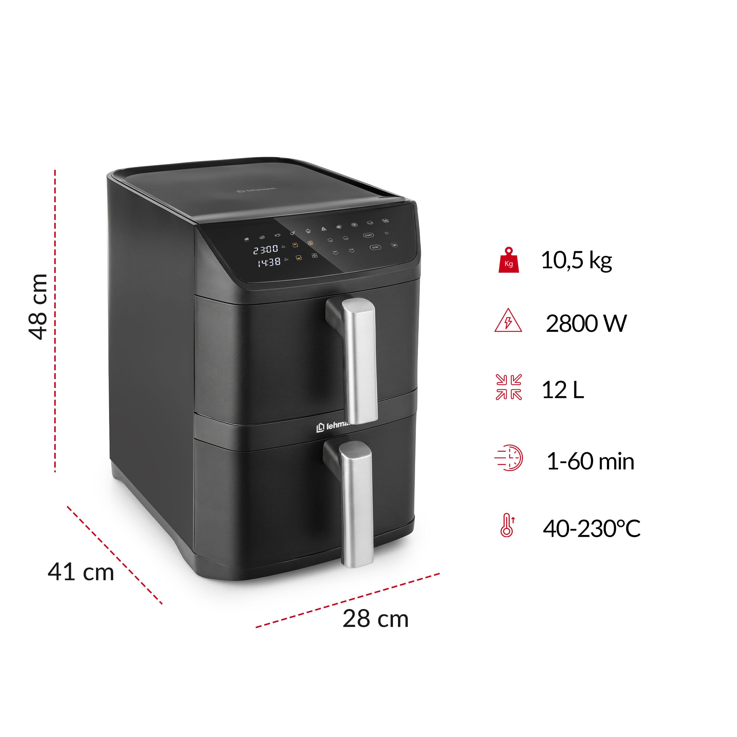 LEHMANN Double Zone Air Fryer XXL 12L, Friteuse sans Huile Verticale à Double Tiroir, 10 Programmes, 40-230°C, Écran Tactile, Revêtement Antiadhésif, pour Grande Famille, 2800 W