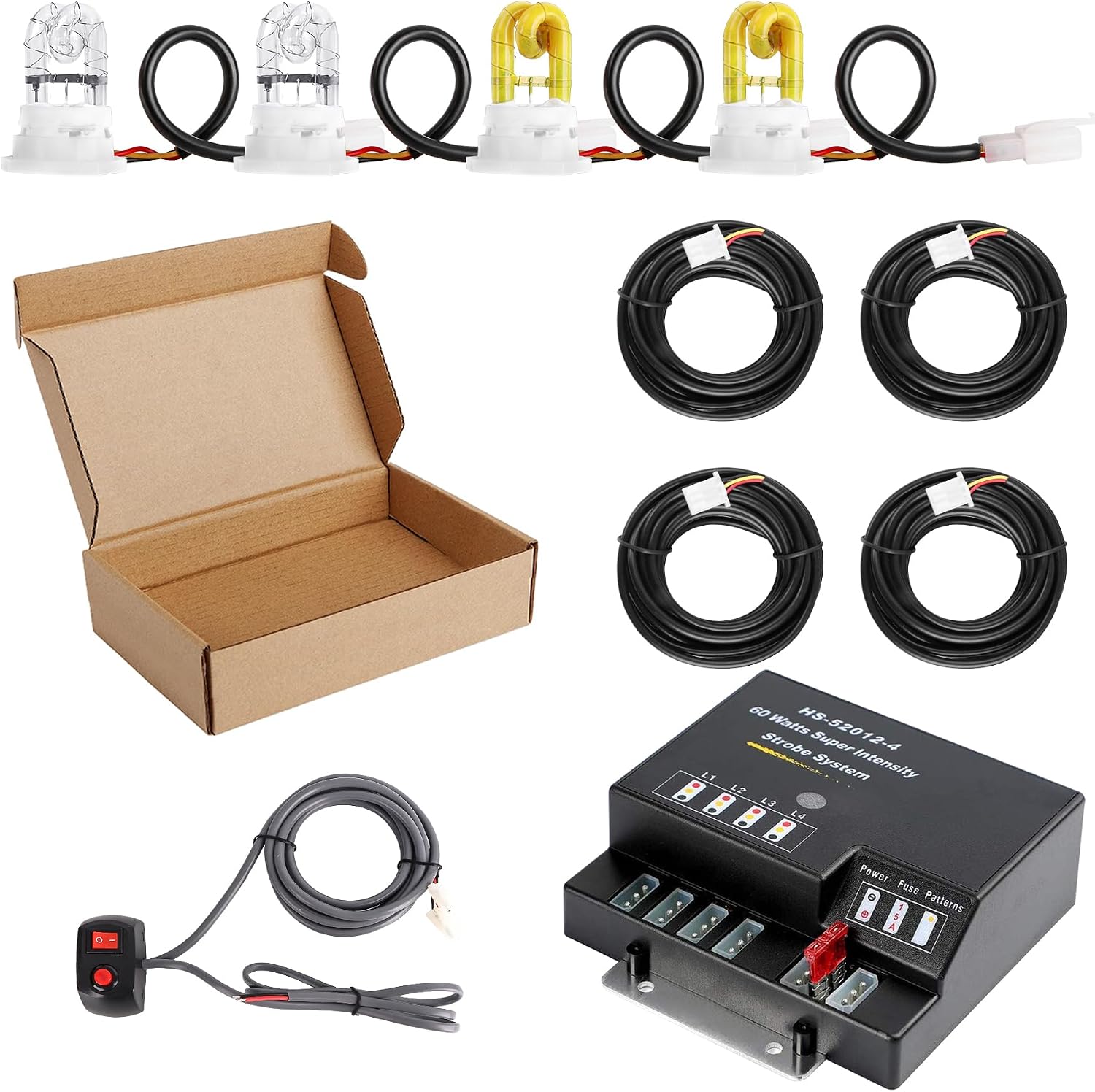 Emergency Hideaway Strobe Lights Kit 4 HID Bulbs 13 Flashing Patterns 16 Feet Cord with Controller Headlights Taillights Fog Lights Mounting for Vehicles, Trucks, Cars, Amber White 4PCS