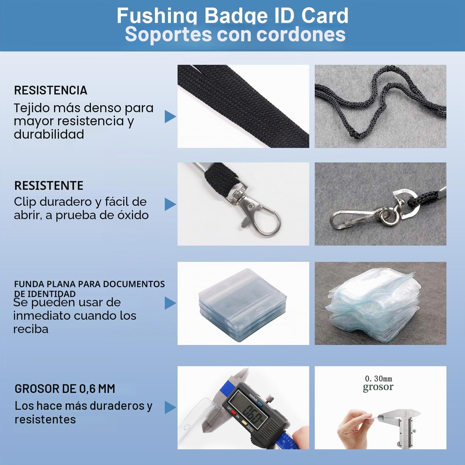 Fushing 50 para tarjetas de identificación horizontales de plástico transparente con cordones para tarjetas de identificación y cordones para insertos de identificación de 7,6 x 10,2 cm