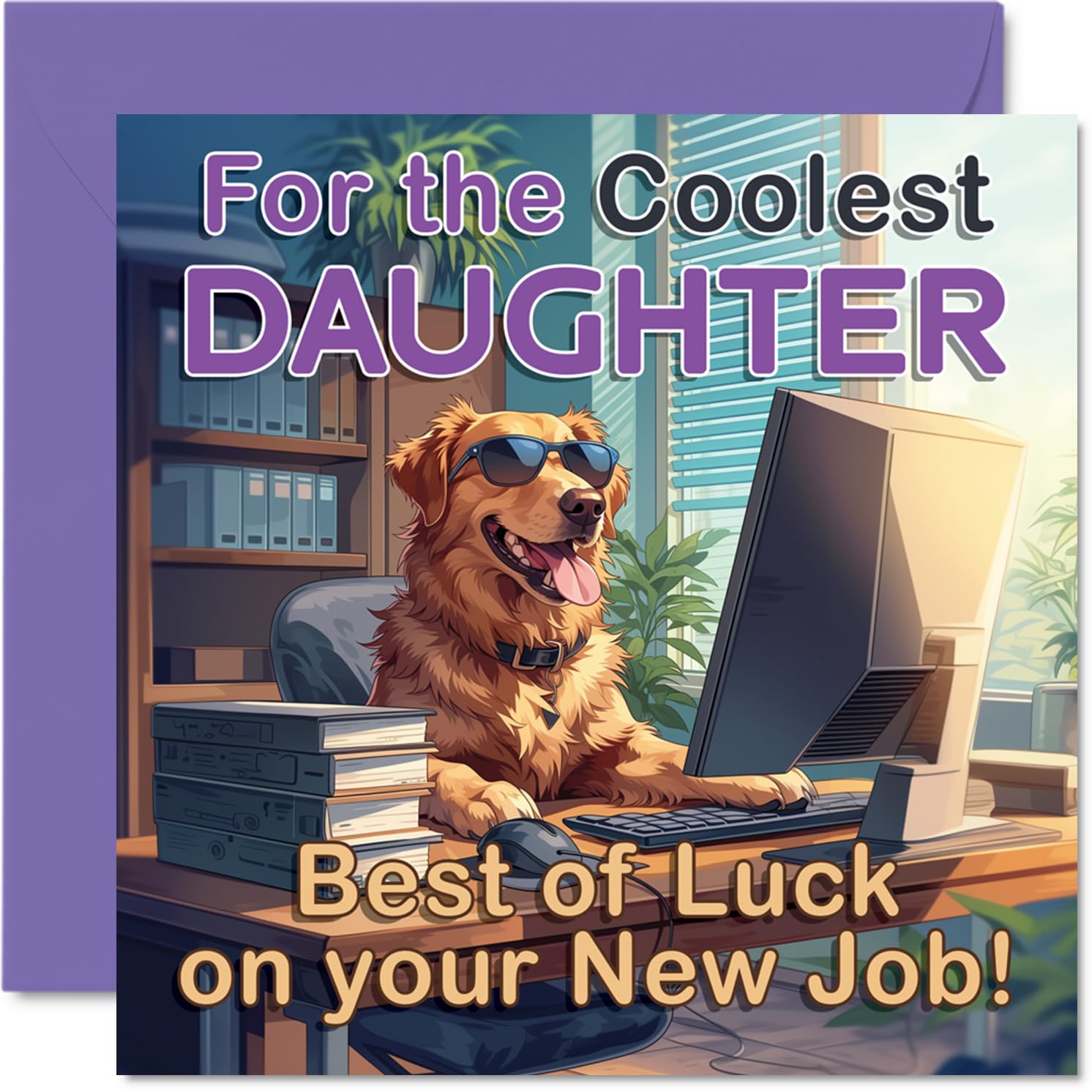 Supportive New Job Card for Daughter - Cheeky Office Dog in Sunglasses Brings a Smile - Playful Desk Scene with Golden Retriever - 145mm Square, Envelope Included