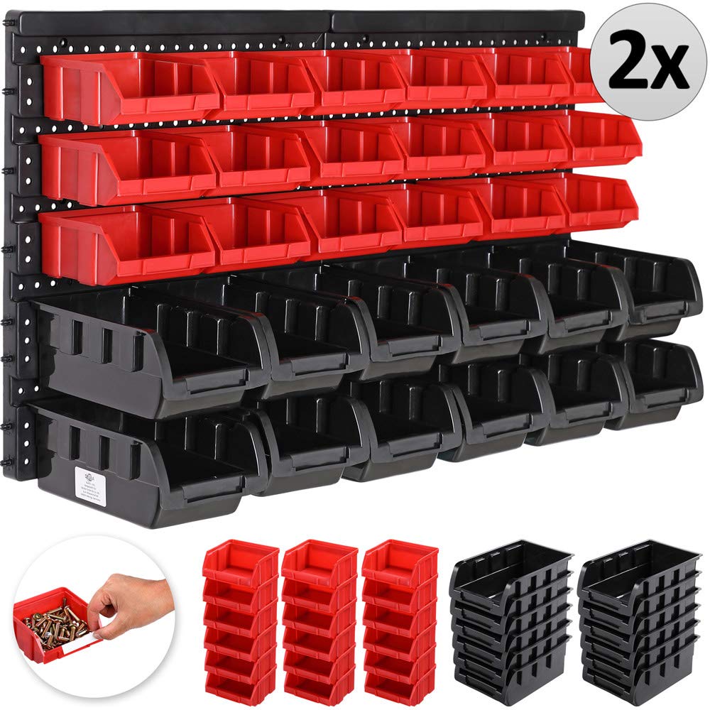 MONZANA® Stapelboxen 64 tlg. Erweiterbar Etikettenfach Stabil Stoßfest Starke Wandplatten Wandregal Werkstattregal Werkzeuglochwand Kleinteilemagazin