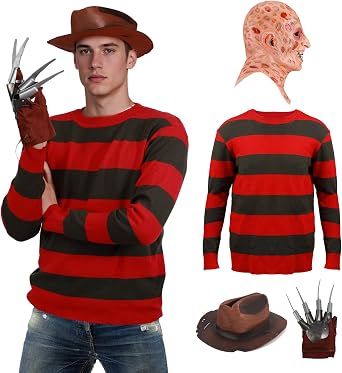 CAFELE 4PCS Men Halloween Costume with Mask Red and Green Striped Sweater Horror Killer Glove Hat Set Halloween Cosplay Props