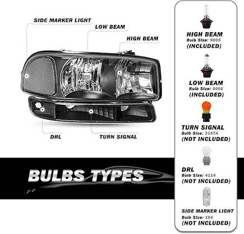 Miniatura 2 de 4 piezas de conjunto de faros delanteros para GMC Sierra 1500 2500 350000-06 GMC Yukon 99-06 + faro delantero de parqueseñal LH+RH con bombillas