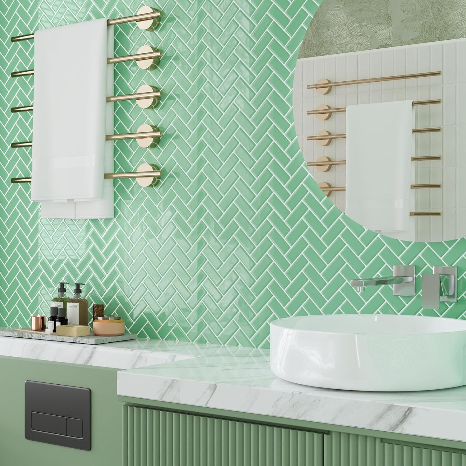CRE8TIVE 4 Sheets Pale Green Peel and Stick Backsplash for Kitchen 12"x12" 3D Herringbone Tile Stick on Backsplash Peel and Stick Shower Tile Waterproof Adhesive Back Splash for Bathroom Laundry Room