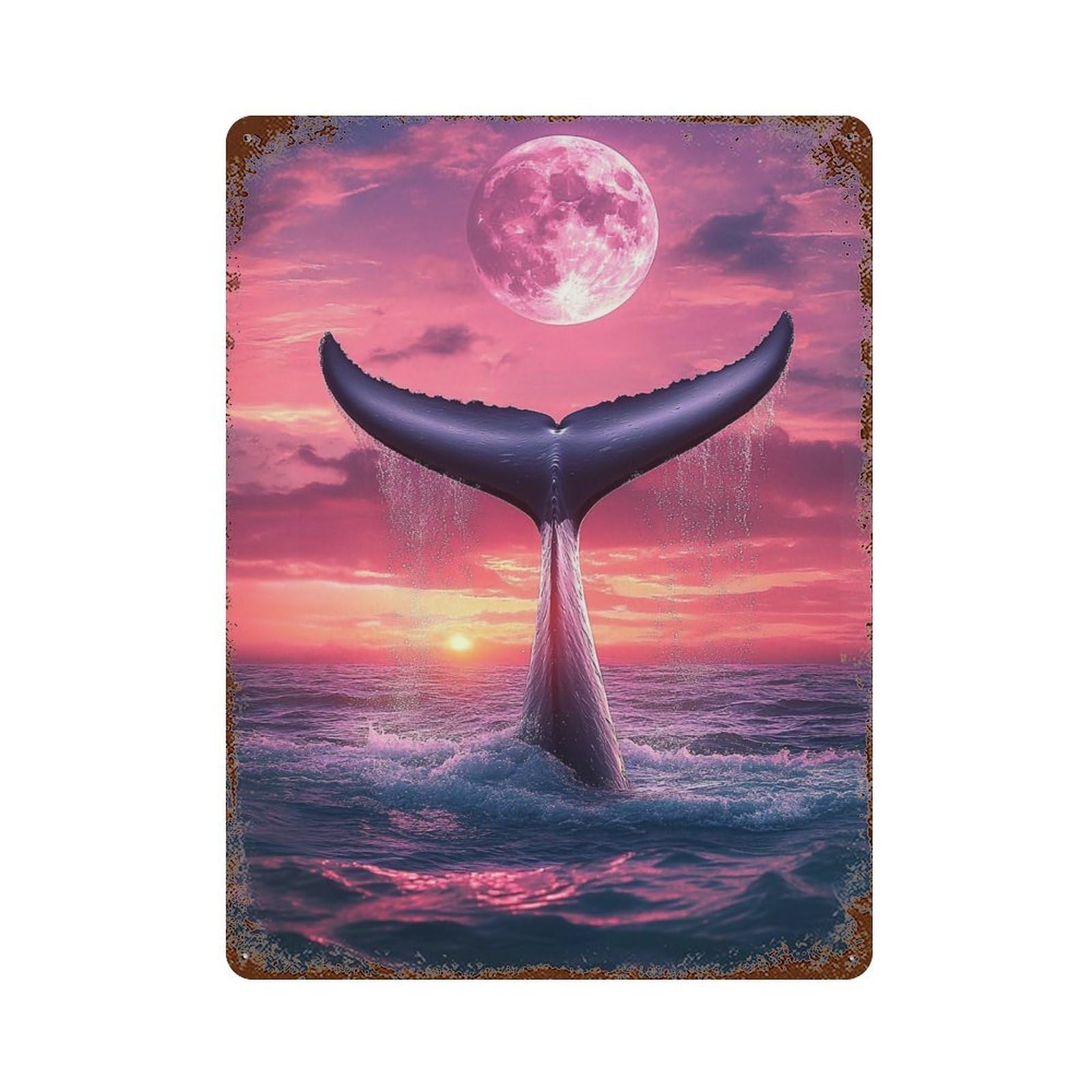 Whale Tail Sunset Moon-2 15.7"x11.8" Weathered Tin Sign, Shabby Chic Decor for Farmhouse, Kitchen And Entryway Decor