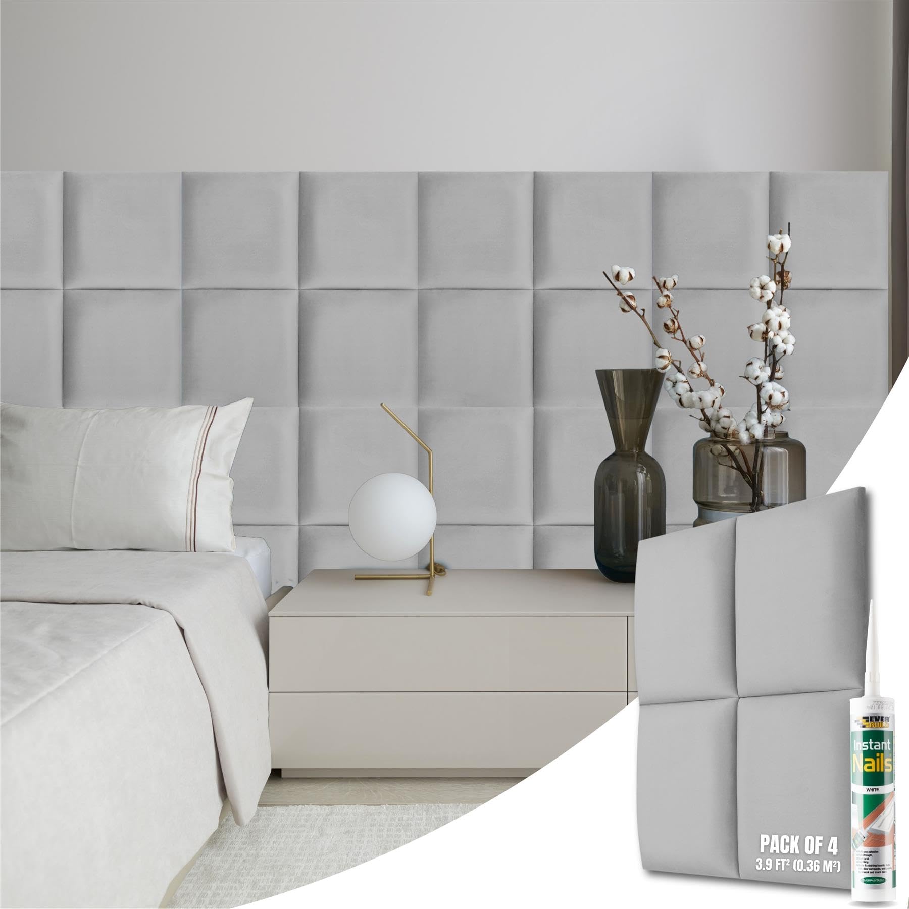 NOVECRAFTO Velvet Padded Wall Panels Set of 4 - Grey Upholstered Anti-Collision Panels with Adhesive - H11.8 x W11.8 (30x30cm) Cushioned Paneling for Beds, Kids Room, Hallways & Feature Walls