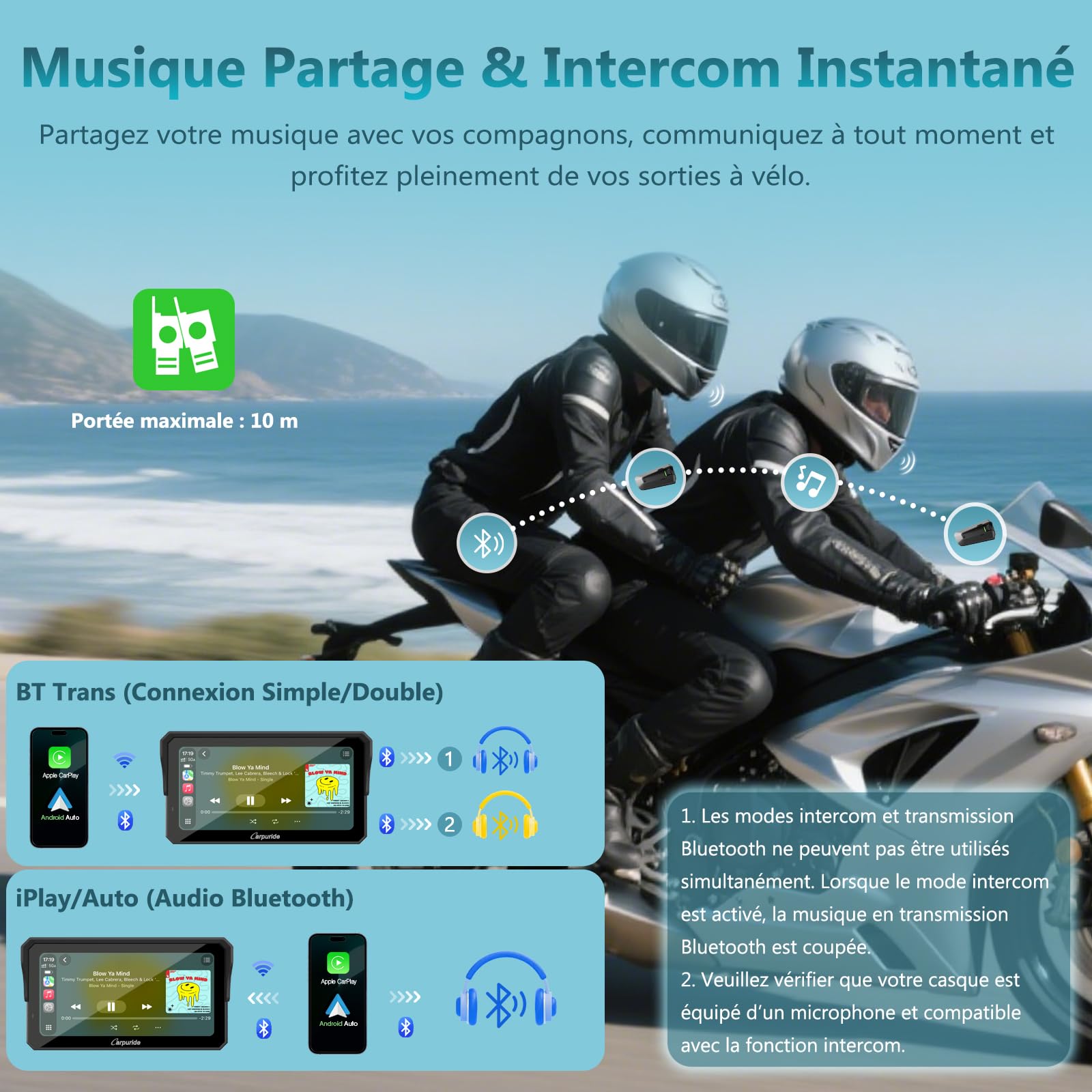 Carpuride W602S Pro Moto CarPlay Écran avec BM05 pour Plug-and-Play, Sans Fil CarPlay & Android Auto, 6,25" Étanche Tactile Écran, OTA, Double Bluetooth, Interphone Fonction, Filaire Contrôleur, Navi.
