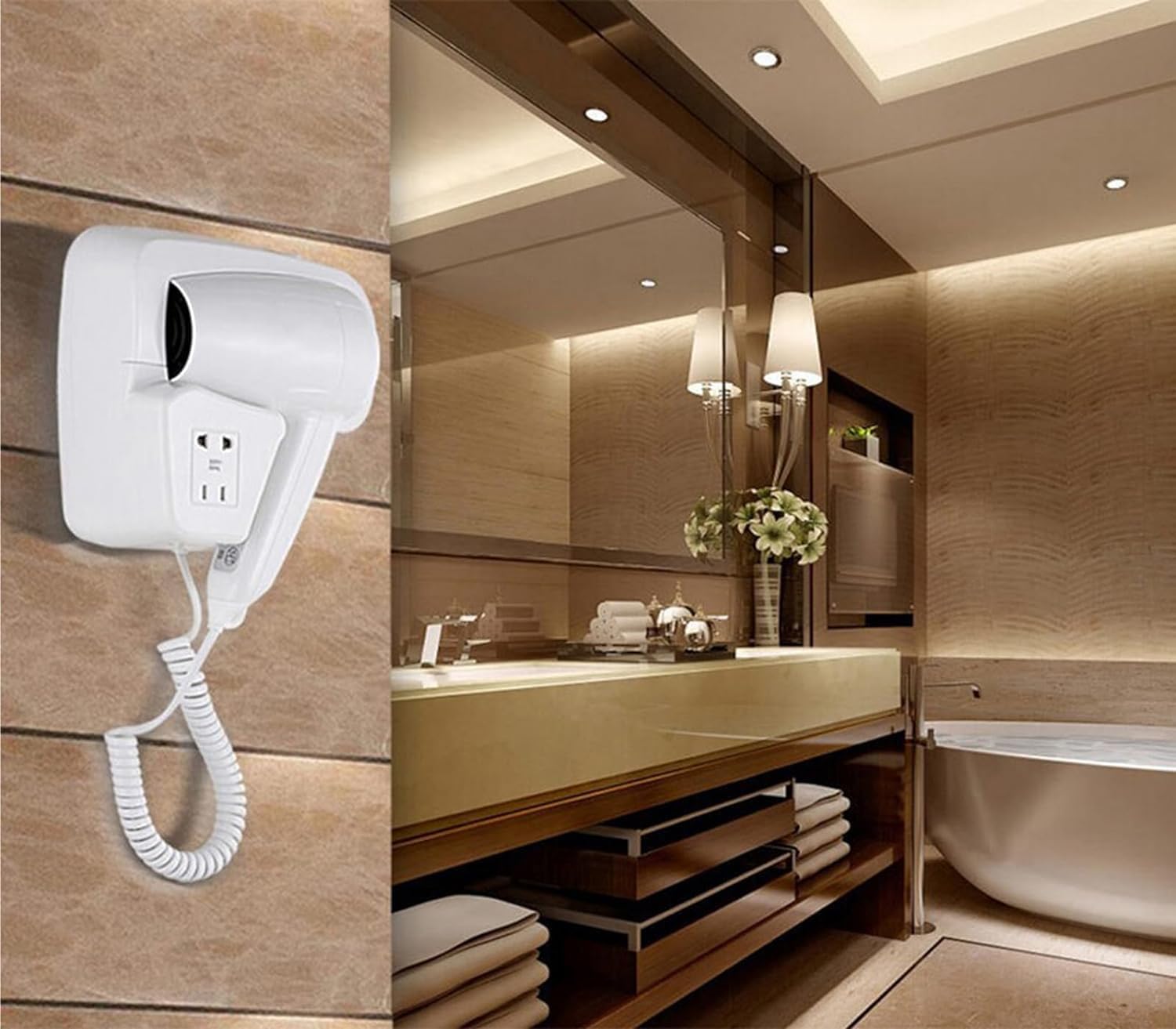 CW512-4 - Secador de pelo de pared de 1300 W para hotel, B&B, gimnasio, profesional Phon con soporte de pared, seguridad IP21, enchufe de afeitadora integrado, color blanco